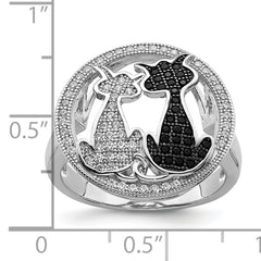 Brilliant Embers Sterling Silver Rhodium-plated 87 Stone Micro PavÃ¢Â€Âš Black and White CZ Polished Cat Ring