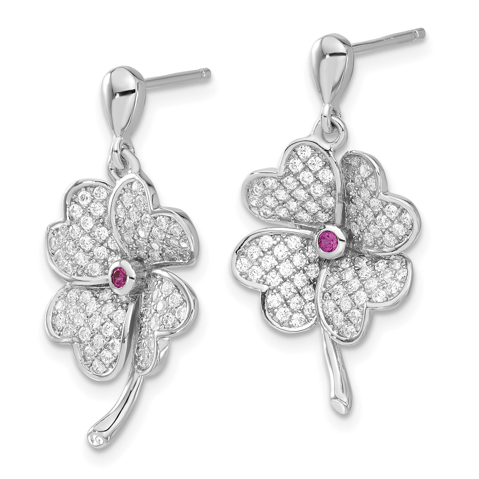 Sophia Jewelers Sterling Silver CZ & Red Corundum Clover Drop Earrings Secondary image