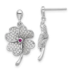 Sterling Silver Rhod-plated CZ & Red Corundum Four Leaf Clover Earrings