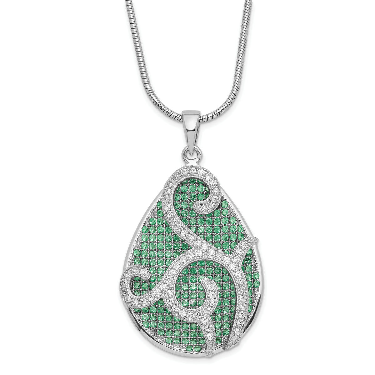 Brilliant Embers Sterling Silver Rhodium-plated Green & Clear CZ Teardrop w/ 2in ext Necklace