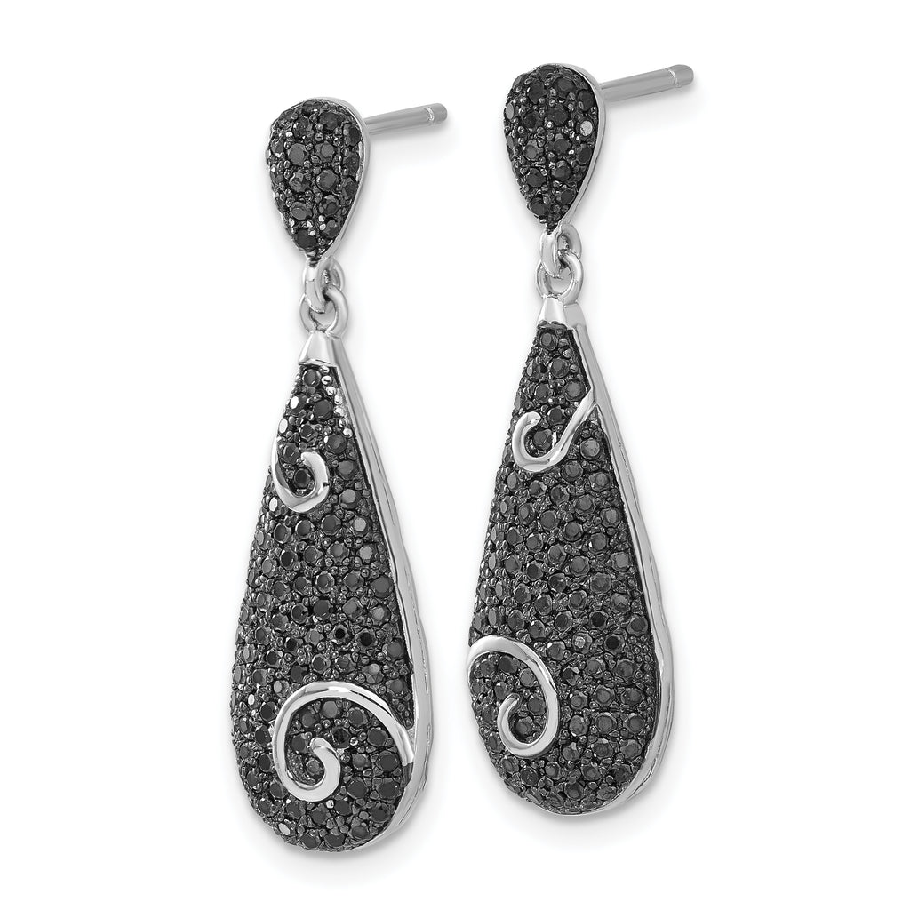 Sterling Silver Black CZ Teardrop Dangle Earrings with Polished Swirl Accents
