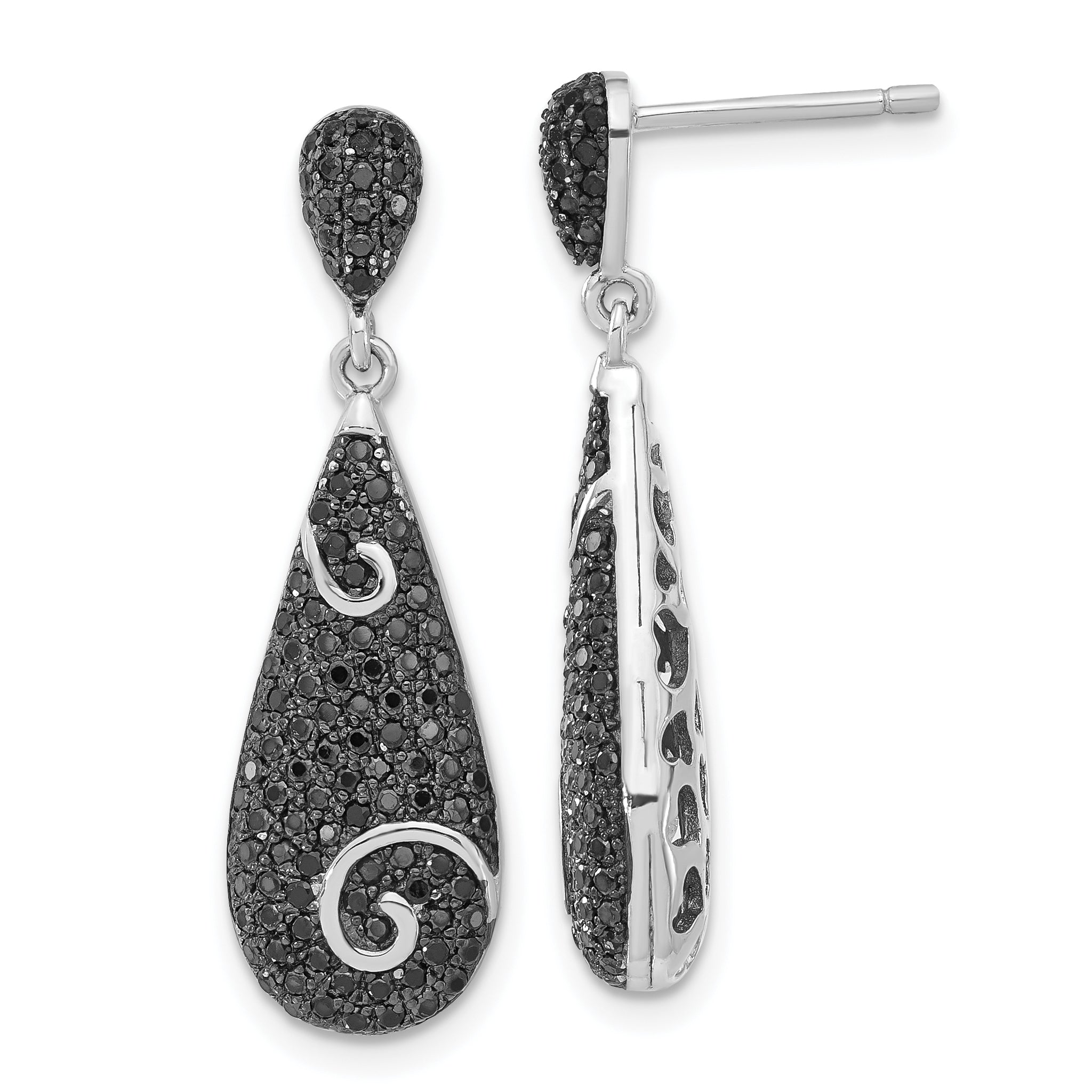 True Fire Sterling Silver Swirl Accent Black CZ Teardrop Post Dangle Earrings Main image