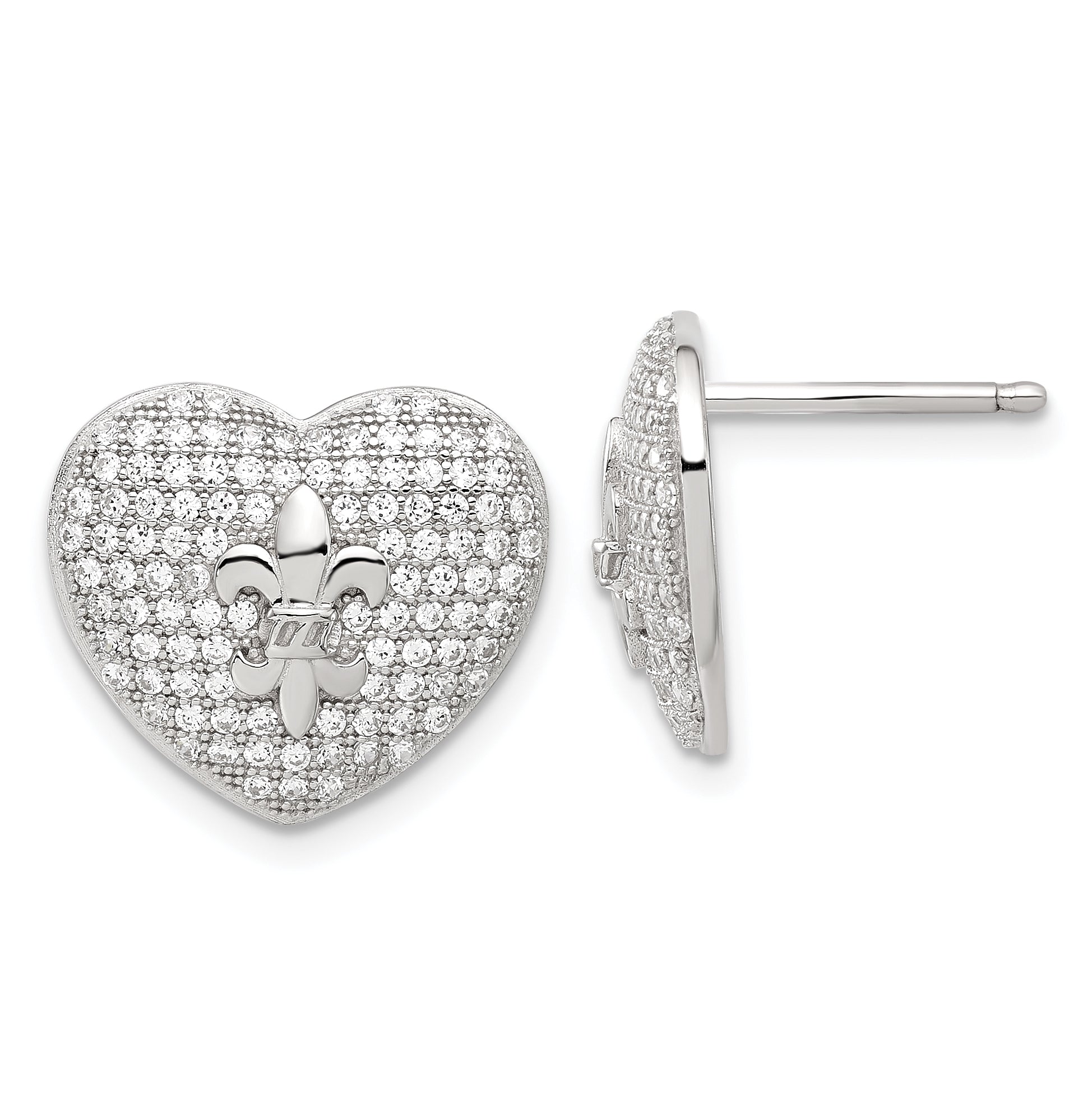 Sterling Silver CZ Heart Fleur De Lis Post Earrings Main image