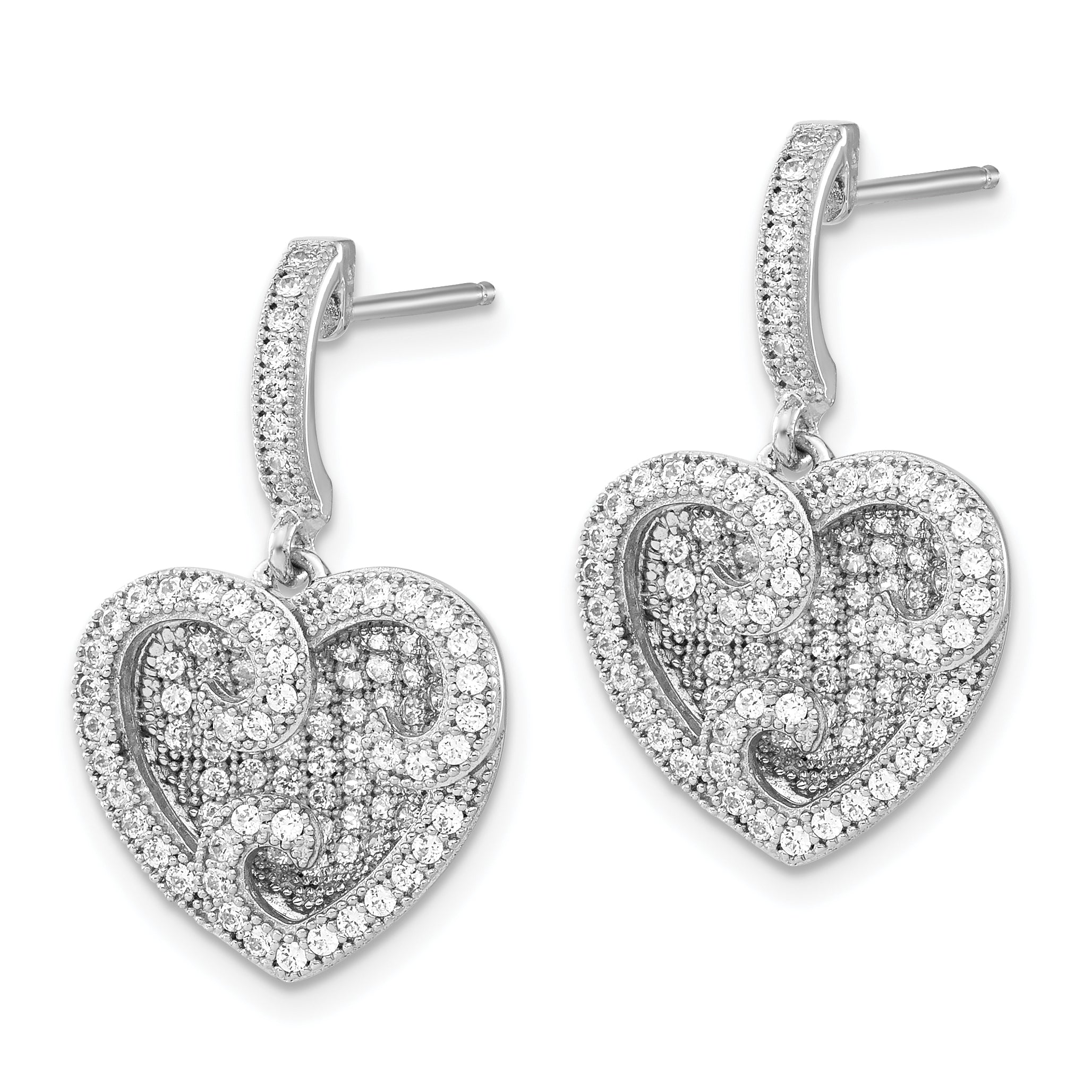 Elegant Sterling Silver CZ Heart Drop Earrings with Rhodium Polish Secondary image