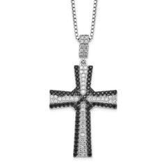 Brilliant Embers Sterling Silver Rhodium-plated 124 Stone 18 inch Black and White Micro Pav‚ CZ Cross Necklace with 2 Inch Extender