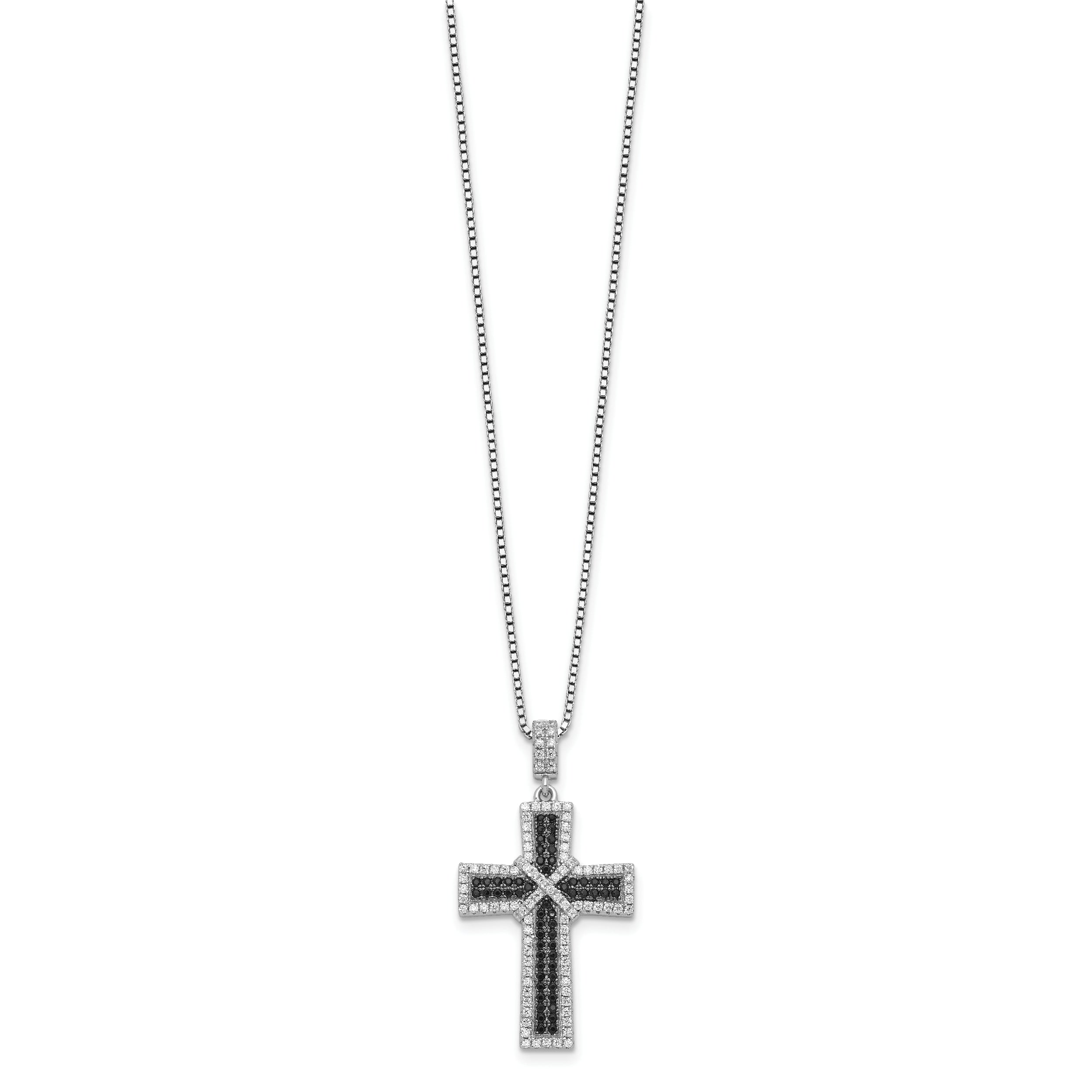 Brilliant Embers Sterling Silver Rhodium-plated 156 Stone 18 inch Black and White Micro Pav‚ CZ Polished Cross Necklace with 2 Inch Extender