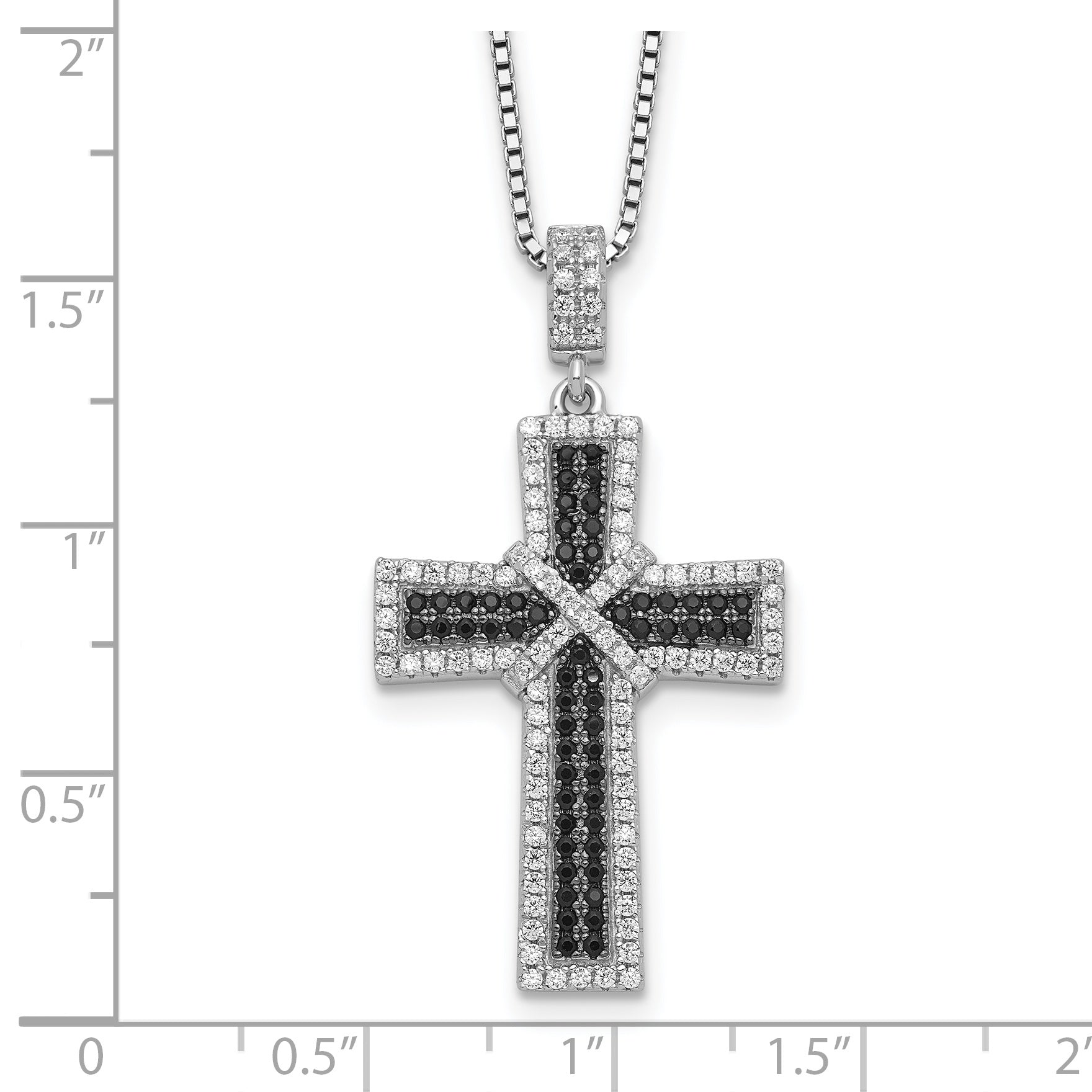 Brilliant Embers Sterling Silver Rhodium-plated 156 Stone 18 inch Black and White Micro Pav‚ CZ Polished Cross Necklace with 2 Inch Extender
