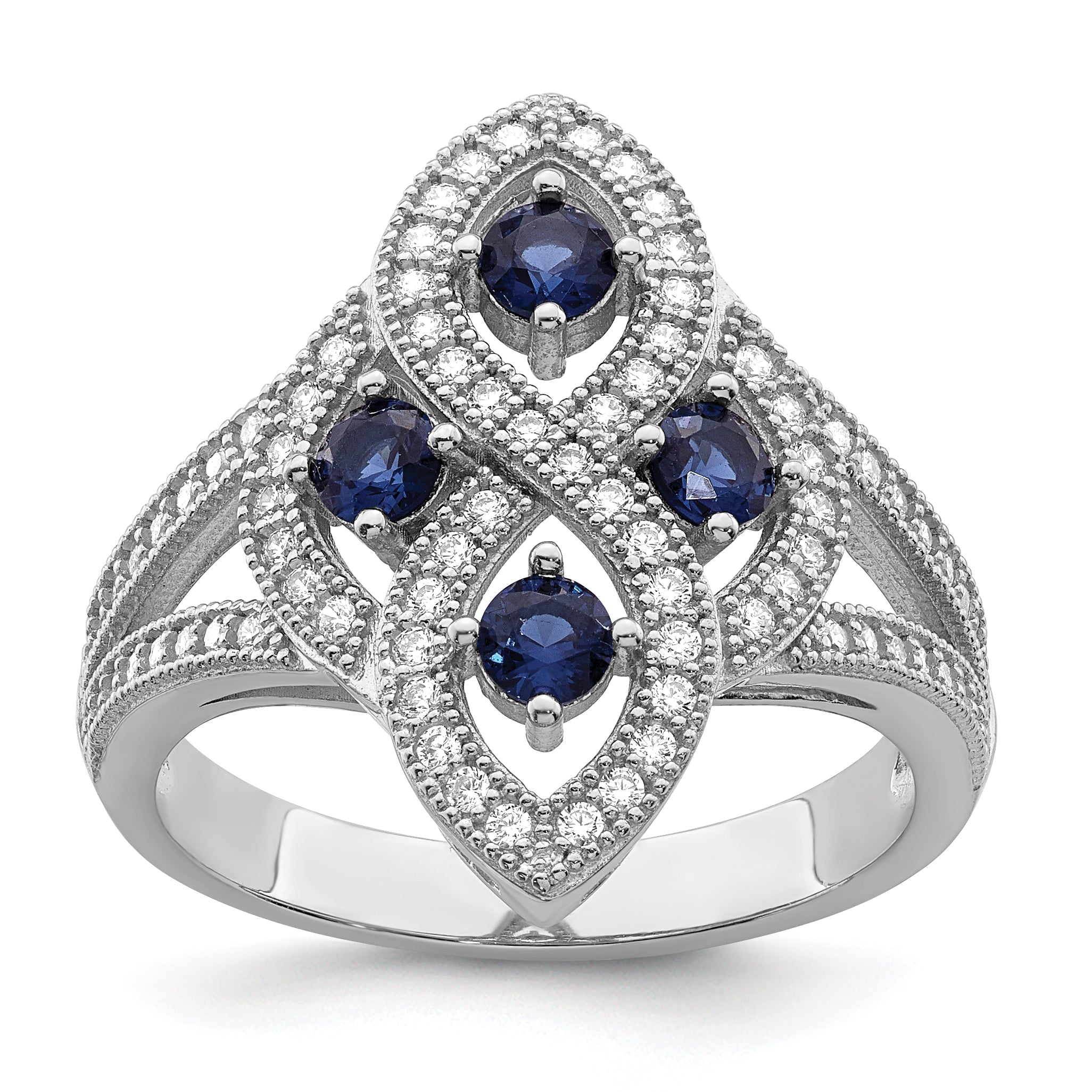 Brilliant Embers Sterling Silver Rhodium-plated 84 Stone Blue and White Micro Pav‚ CZ Ring Main image