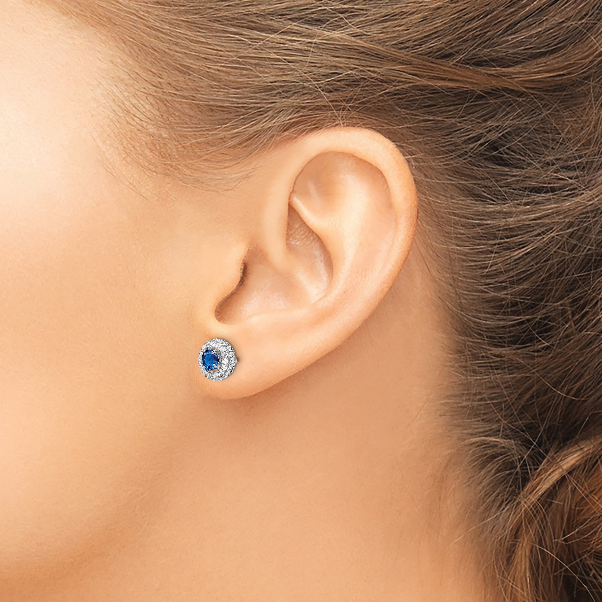 Sophia Jewelers Sterling Silver CZ Halo Button Earrings in Blue and White