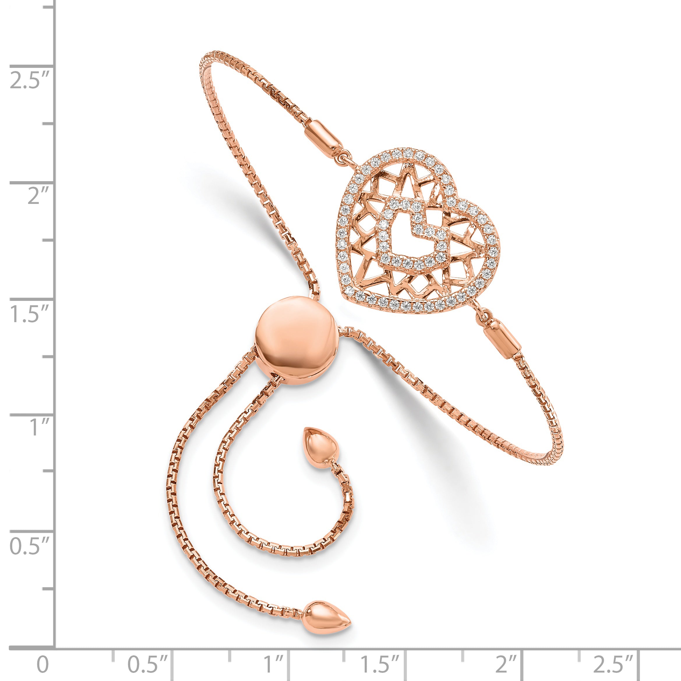 Sterling Silver Rose Gold CZ Heart Adjustable Filigree Bracelet