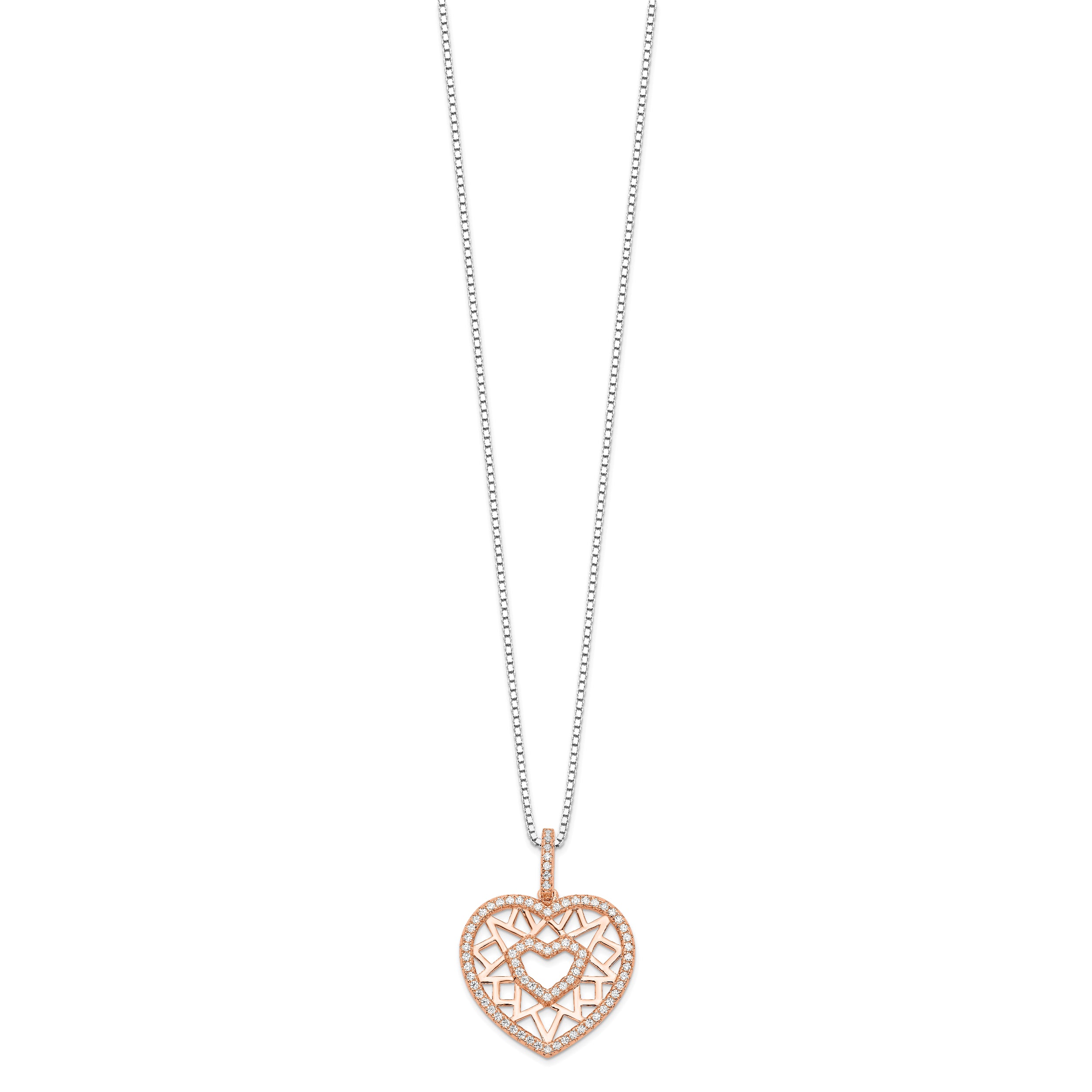Brilliant Embers Sterling Silver Rose Gold Micro Pavé CZ Heart Necklace