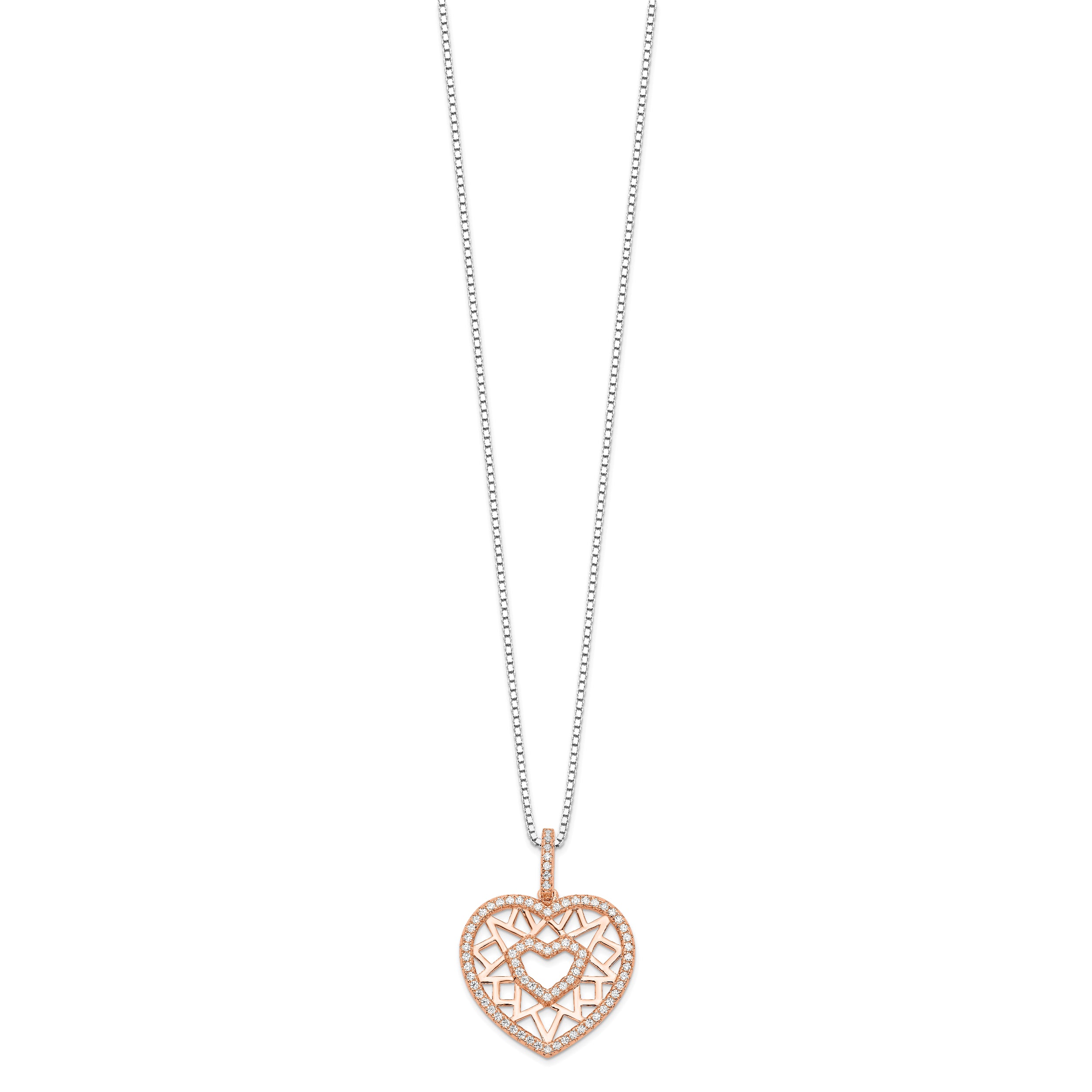 Brilliant Embers Sterling Silver Rose-tone Flash Rose Gold-plated 77 Stone 18 inch Micro Pav‚ CZ Heart Necklace with 2 Inch Extender