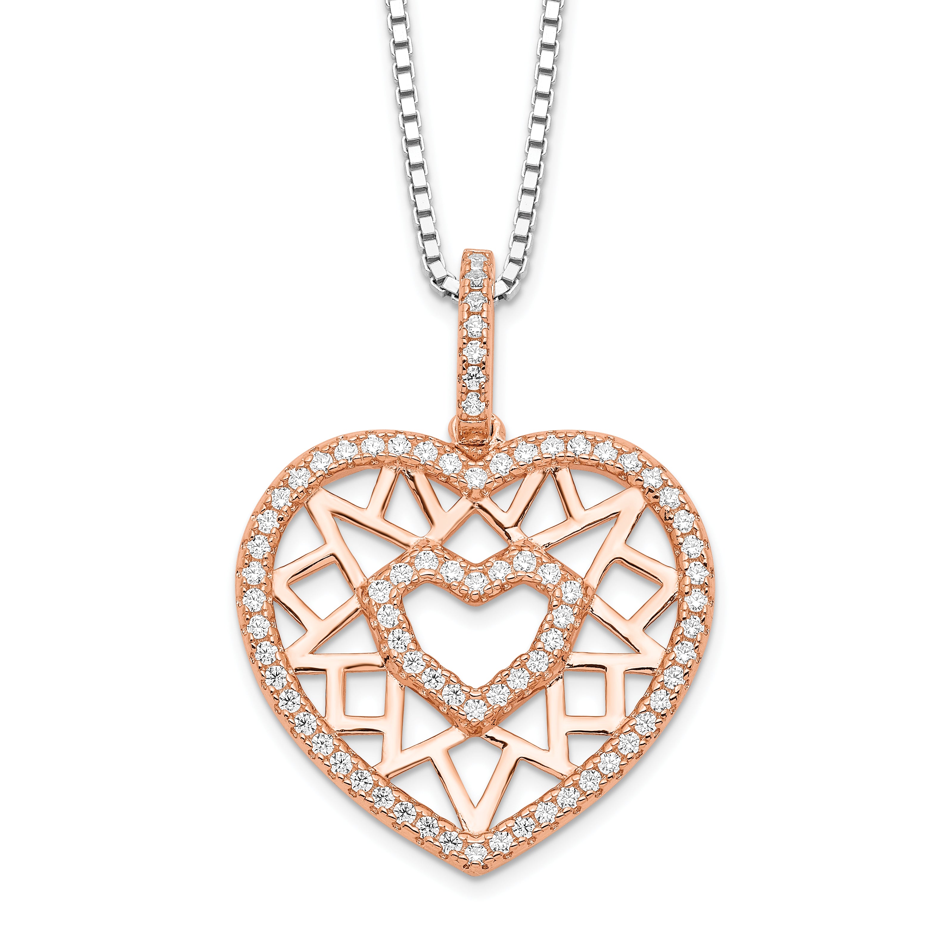 Brilliant Embers Sterling Silver Rose-tone Flash Rose Gold-plated 77 Stone 18 inch Micro Pav‚ CZ Heart Necklace with 2 Inch Extender