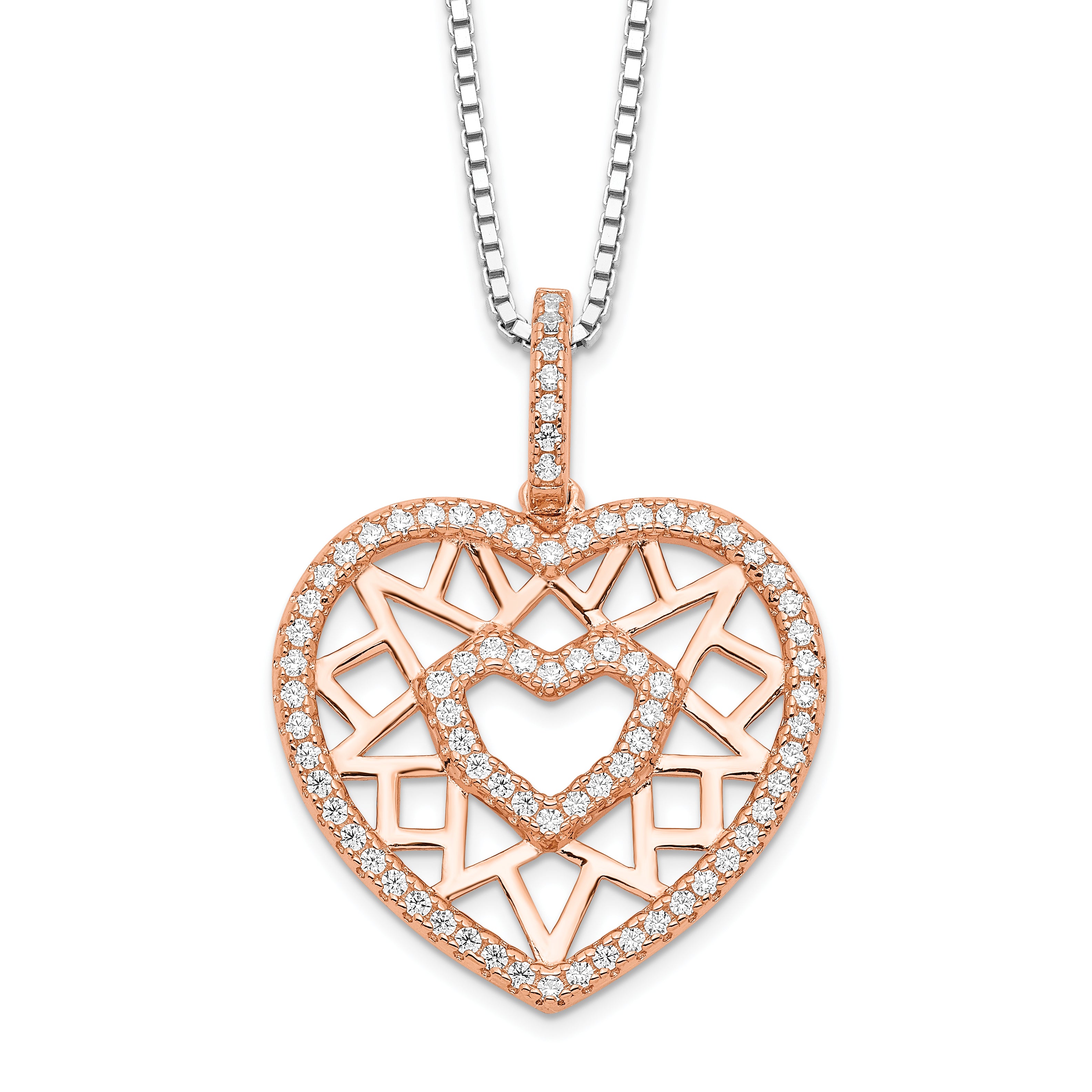 Brilliant Embers Sterling Silver Rose-tone Flash Rose Gold-plated 77 Stone 18 inch Micro Pav‚ CZ Heart Necklace with 2 Inch Extender Main image