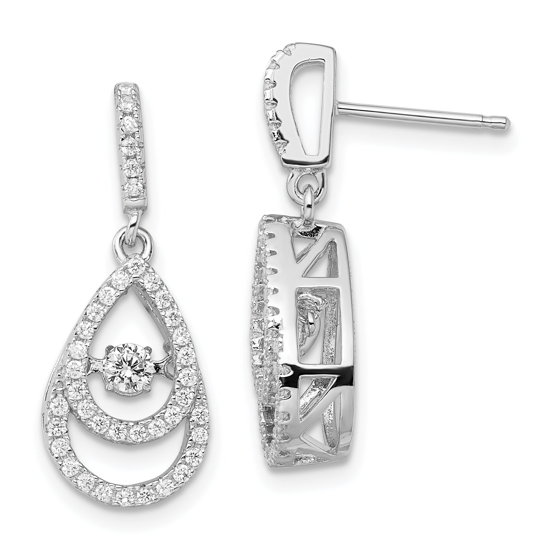 Brilliant Embers Sterling Silver Rhodium-plated 82 Stone CZ Moving Center Pear Shaped Vibrant CZ with Micro Pav‚ CZ Dangle Post Earrings Main image