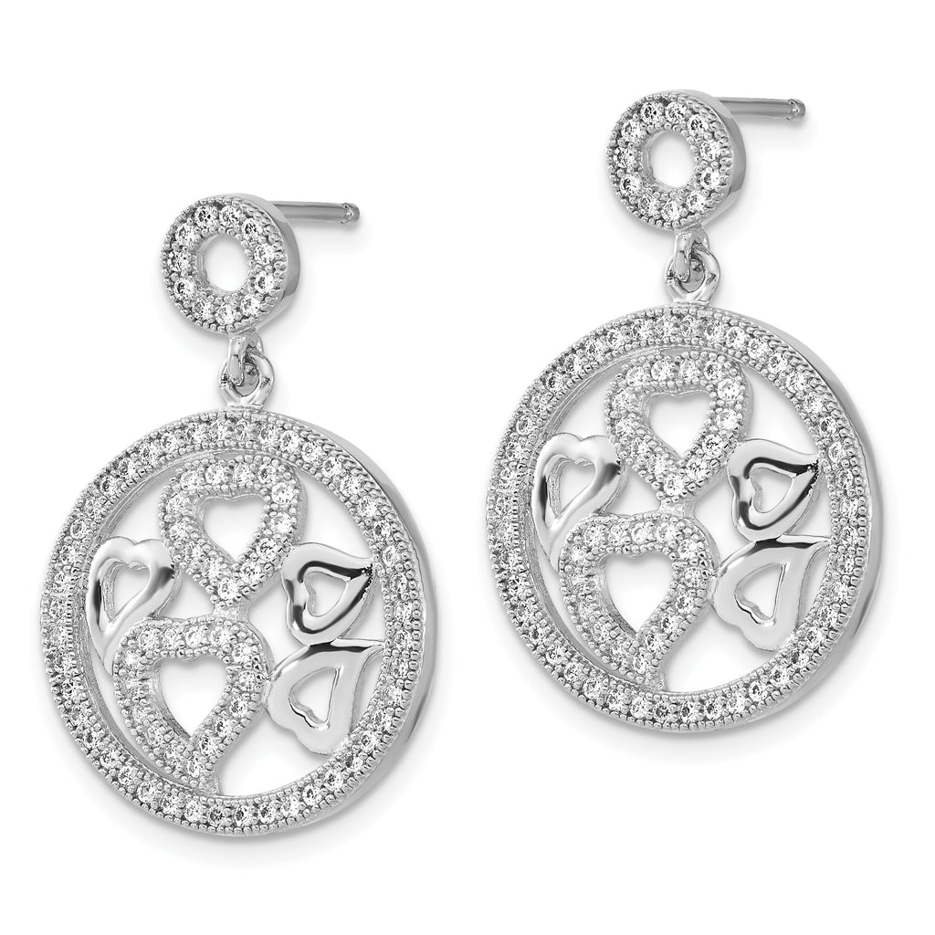 CZ Heart Circle Dangle Earrings in Sterling Silver