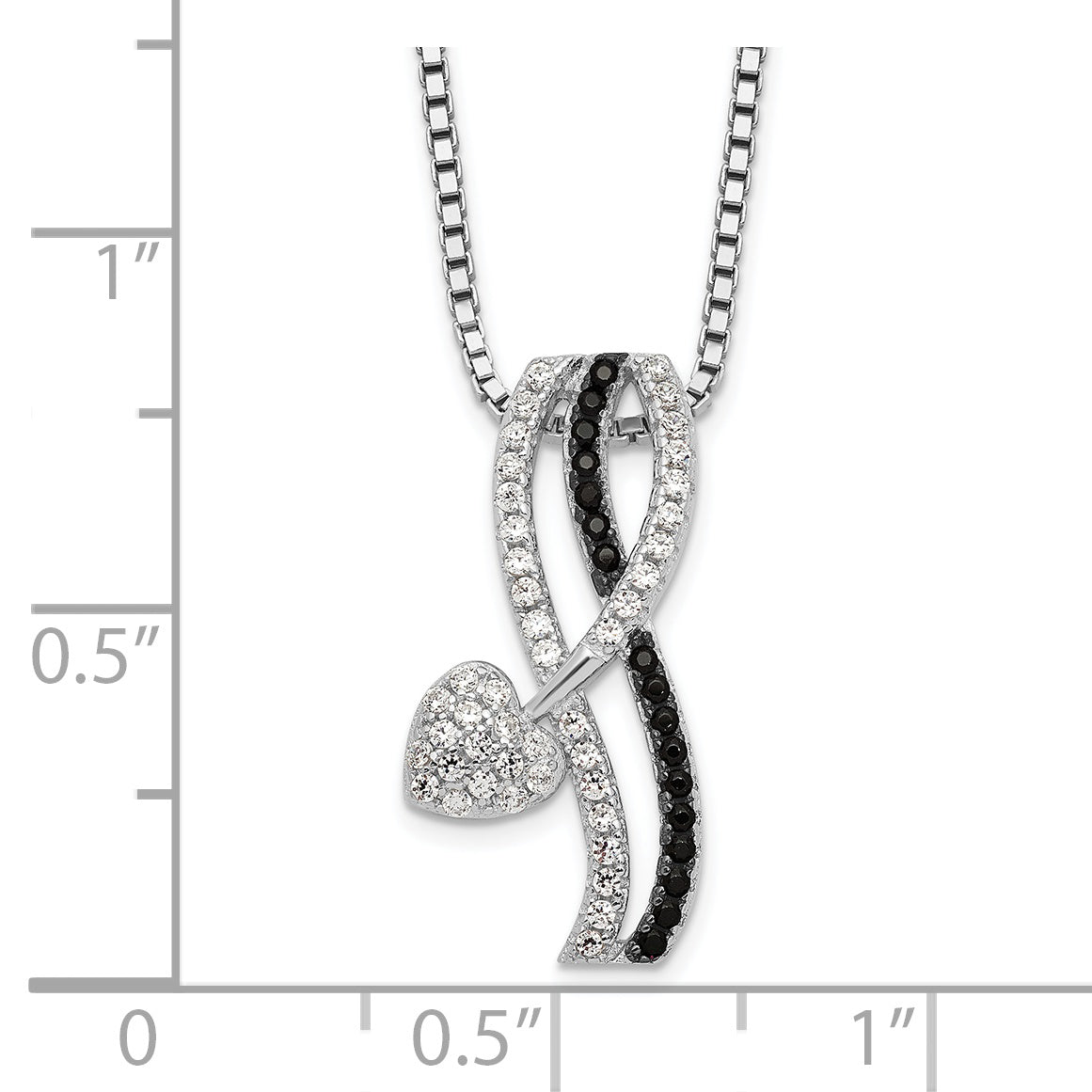 Brilliant Embers Sterling Silver Rhodium-plated 61 Stone 18 inch Black Spinel Micro Pav‚ Black and White CZ Heart Necklace with 2 Inch Extender