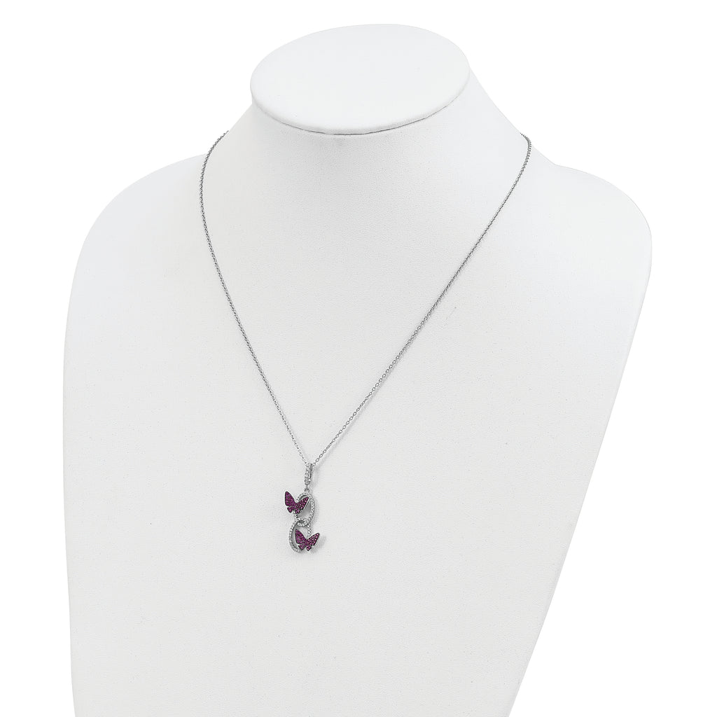Sophia Jewelers Sterling Silver CZ Necklace with Red Butterfly Charm