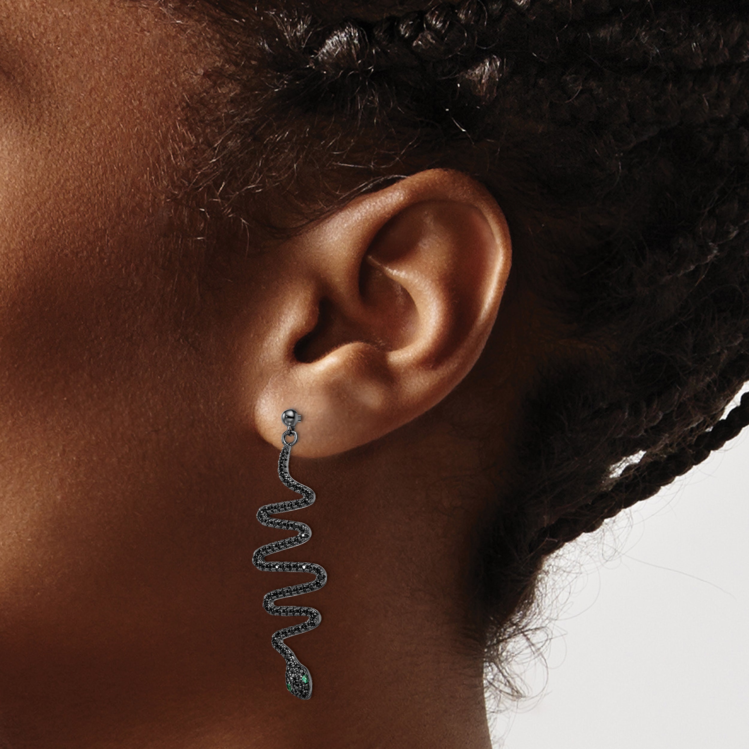 Brilliant Embers Sterling Silver Rhodium-plated 170 Stone Green and Black Spinel Snake Post Dangle Earrings