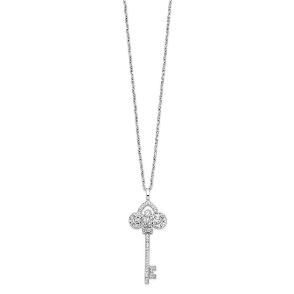 Brilliant Embers Sterling Silver Rhodium-plated 69 Stone 18 inch Micro PavÃƒÆ’Ã†â€™Ãƒâ€šÃ‚Â¢ÃƒÆ’Ã‚Â¢Ãƒâ€šÃ¢â‚¬Å¡Ãƒâ€šÃ‚Â¬ÃƒÆ’Ã¢â‚¬Â¦Ãƒâ€šÃ‚Â¡ CZ Polished Key Necklace with 2 Inch Extender