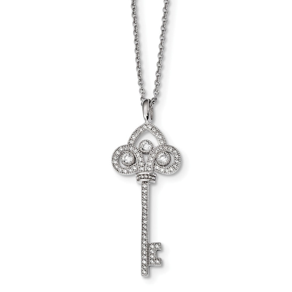 Sterling Silver 925 Key Necklace with CZ Gems Elegant Design - 18
