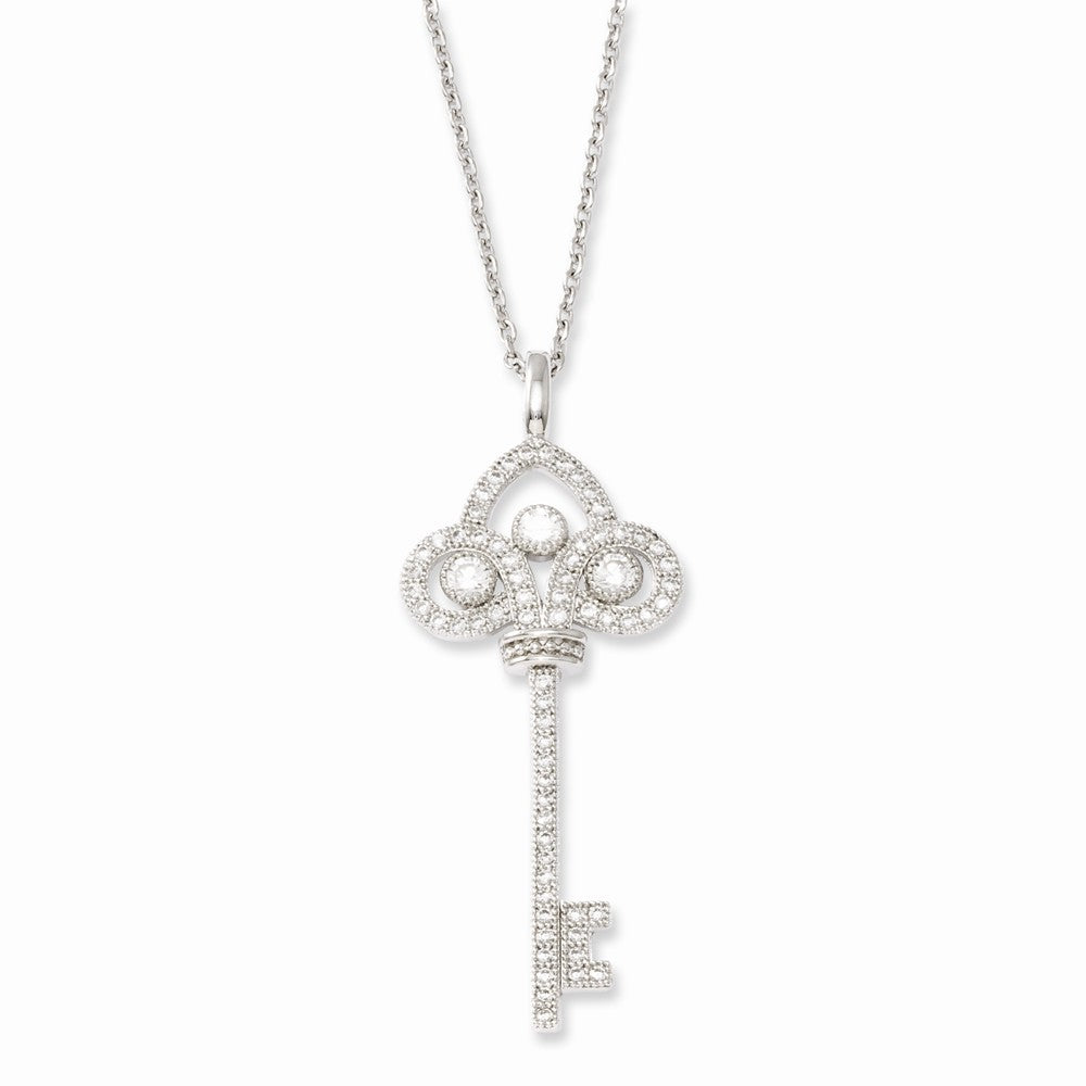 Sterling Silver 925 Key Necklace with CZ Gems Elegant Design - 18