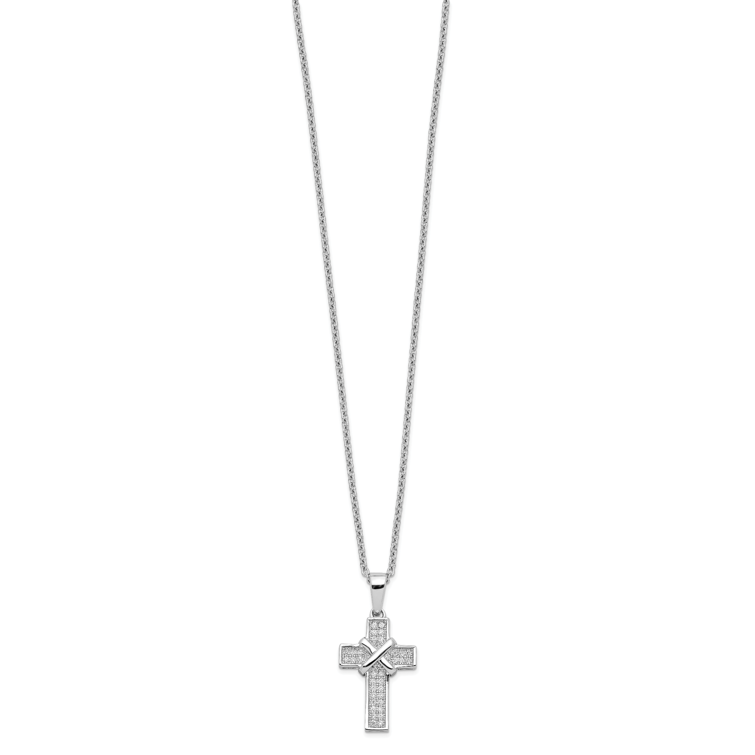 Brilliant Embers Sterling Silver Rhodium-plated 38 Stone 18 inch Micro PavÃƒÆ’Ã‚Â¢ÃƒÂ¢Ã¢â‚¬Å¡Ã‚Â¬Ãƒâ€¦Ã‚Â¡ CZ Polished Cross Necklace with 2 Inch Extender