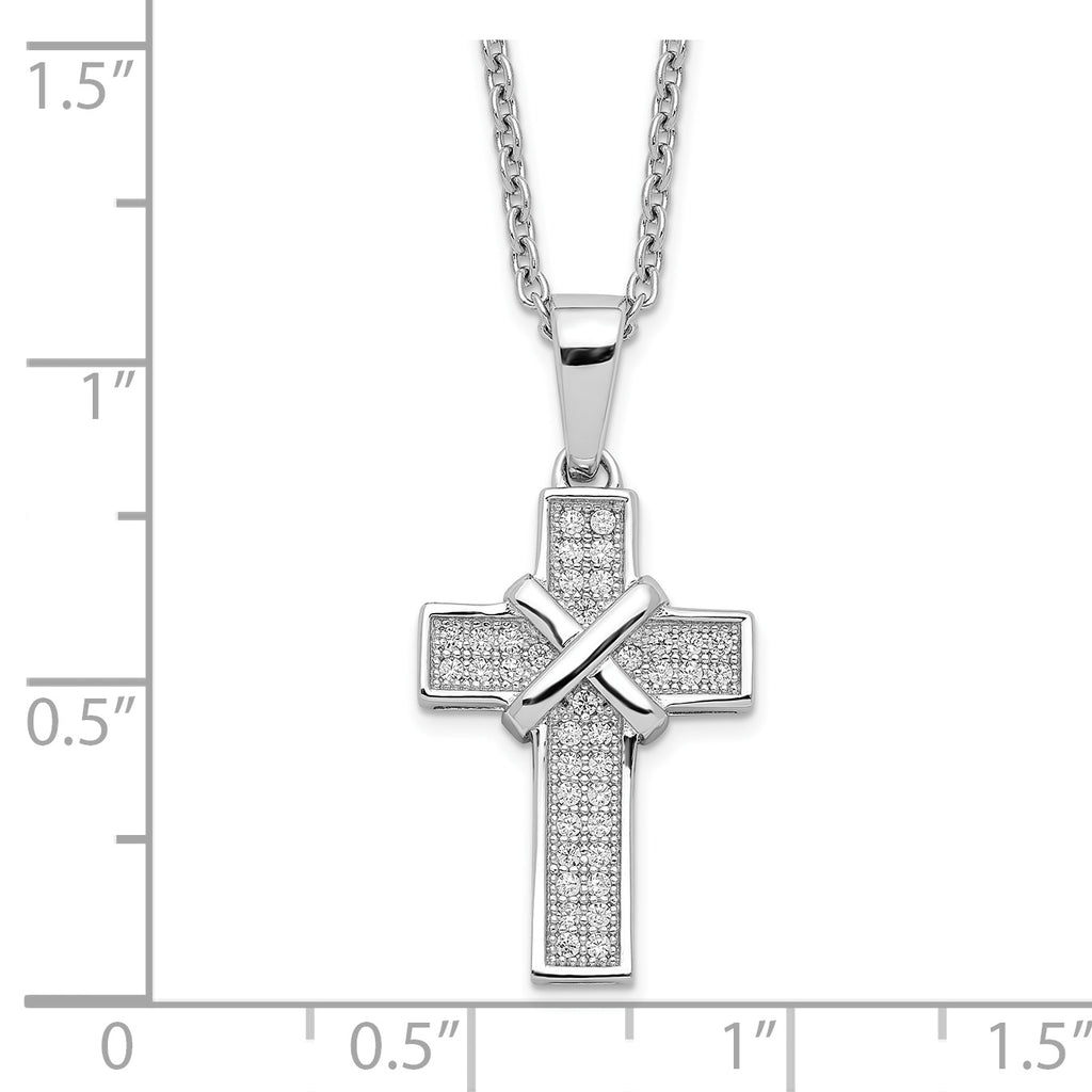 Brilliant Embers Sterling Silver Rhodium-plated 38 Stone 18 inch Micro PavÃƒÆ’Ã‚Â¢ÃƒÂ¢Ã¢â‚¬Å¡Ã‚Â¬Ãƒâ€¦Ã‚Â¡ CZ Polished Cross Necklace with 2 Inch Extender