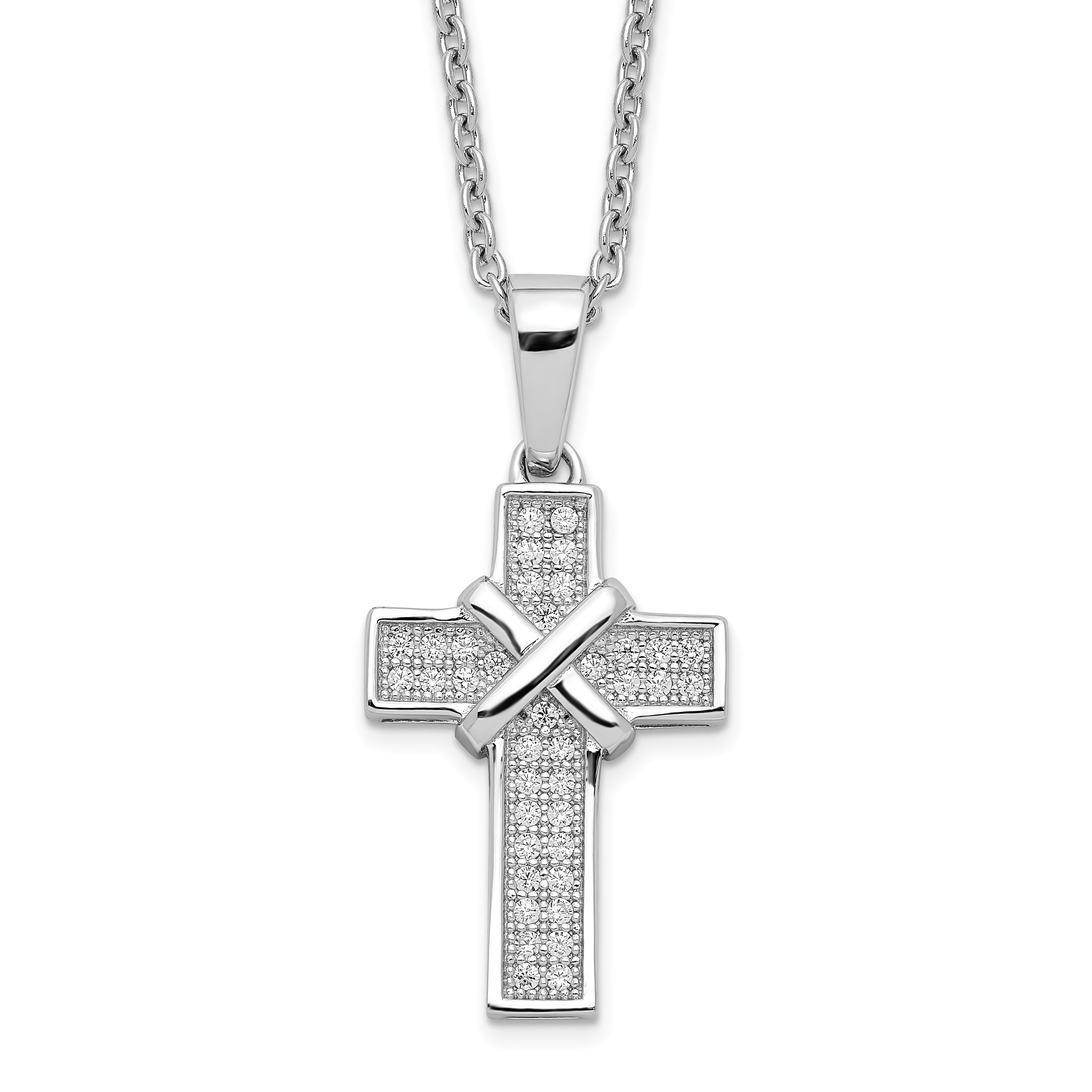 Brilliant Embers Sterling Silver Rhodium-plated 38 Stone 18 inch Micro Pav‚ CZ Polished Cross Necklace with 2 Inch Extender