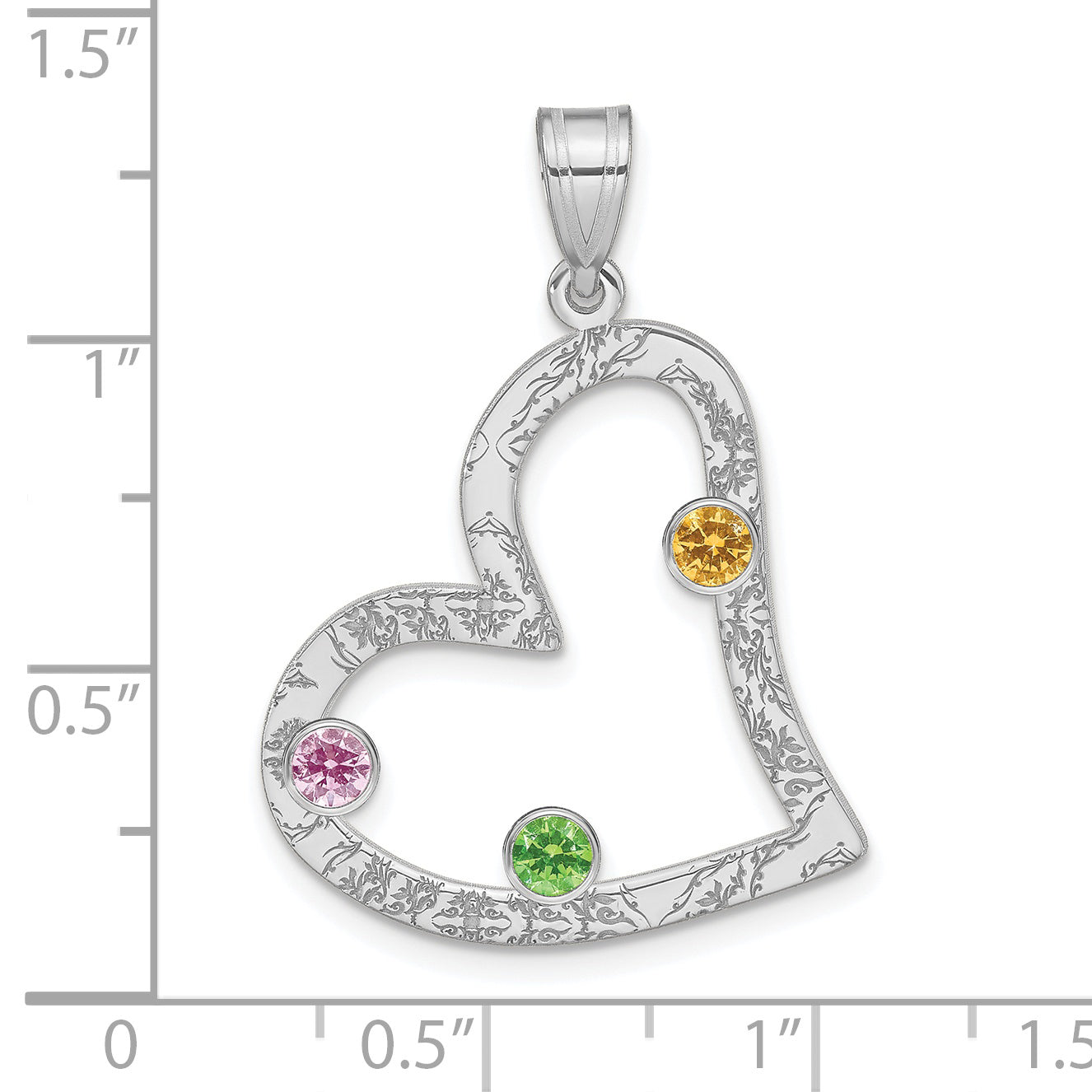 SS/Rhodium-plated 3 Birthstone Heart with SS Bezel Family Pendant Secondary image