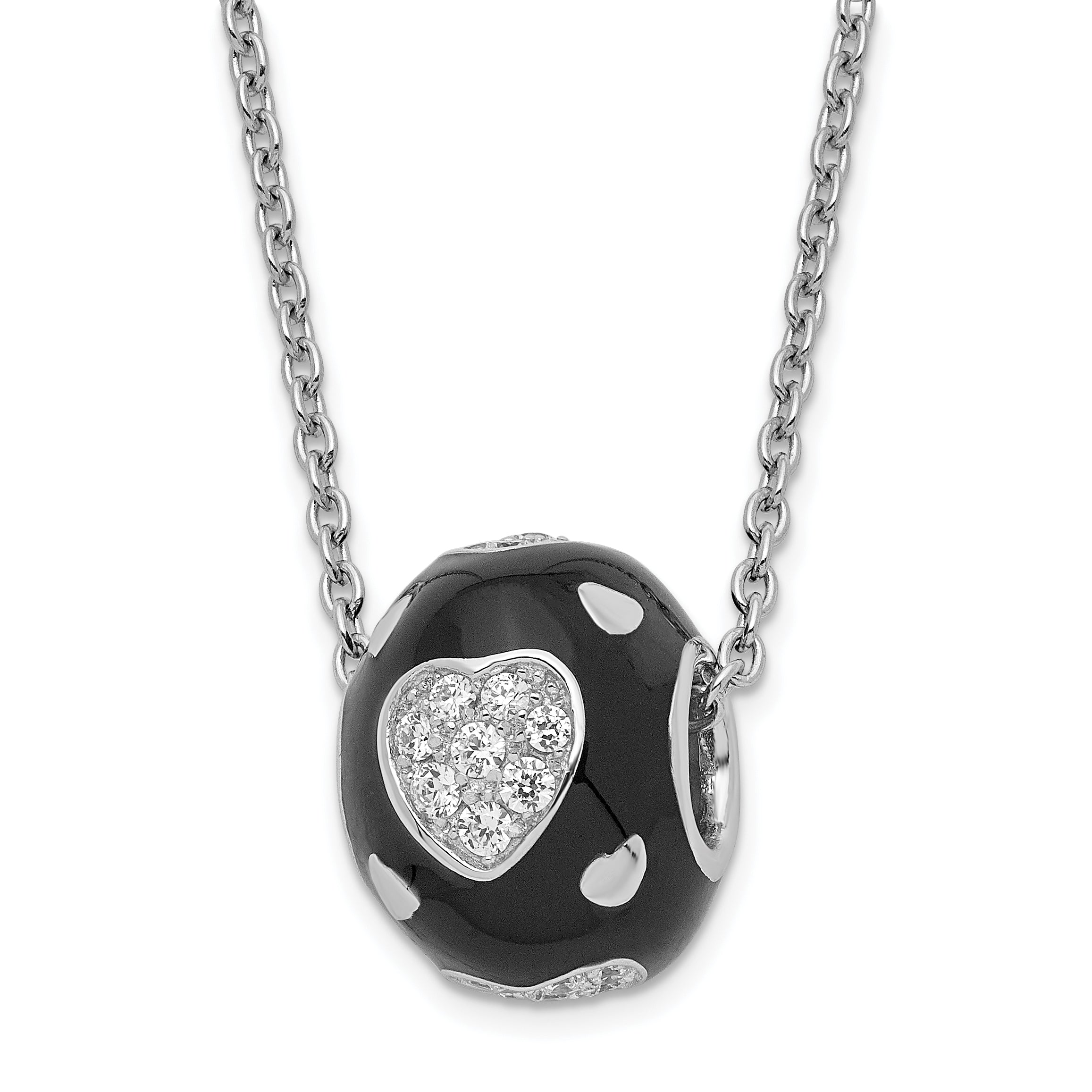 Sterling Silver Black Enamel & CZ True Fire Hearts Bead Necklace Main image