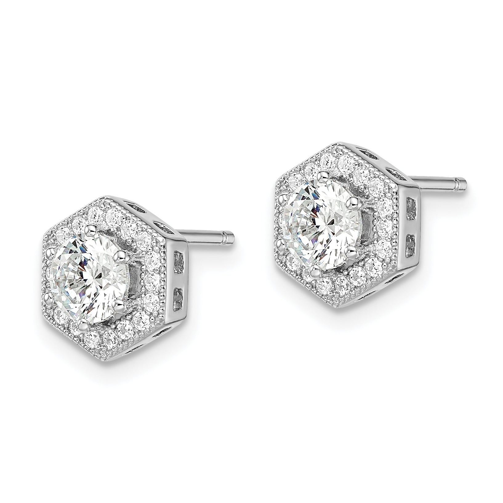 Brilliant Embers Sterling Silver Rhodium-plated 38 stone Micro Pav‚ CZ Halo Hexagon Post Earrings