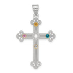 Sterling Silver Rh-plt/14k Bezel Crystal Family Cross Pendant