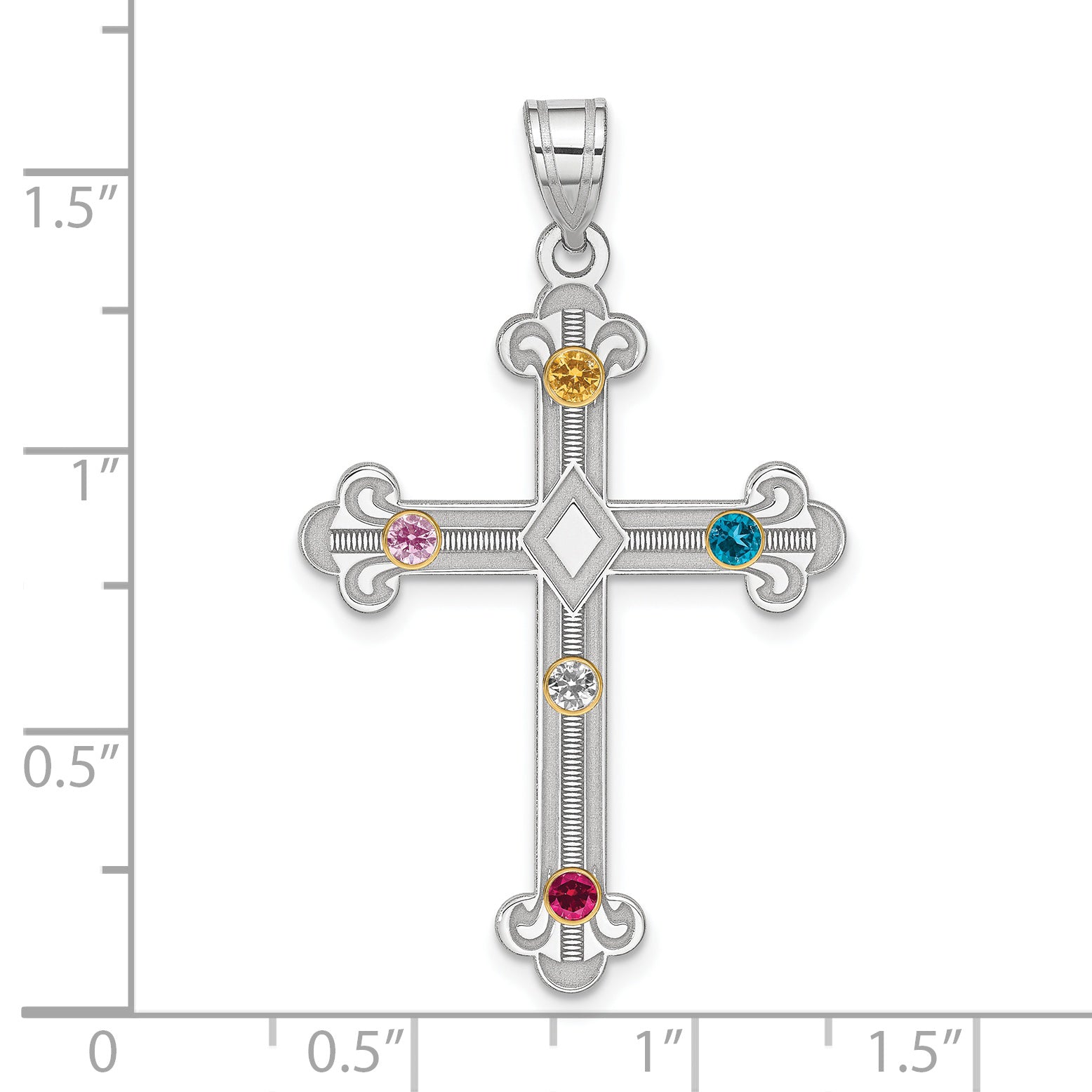 Sterling Silver Rh-plt/14k Bezel Crystal Family Cross Pendant Secondary image