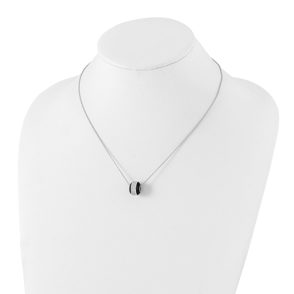 Sterling Silver Black Enamel CZ Bead Necklace with Polished Finish