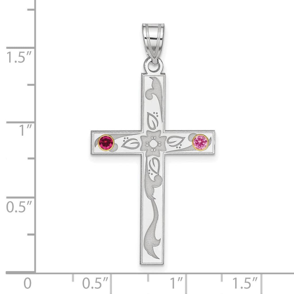 Sterling Silver Rh-plt/14k Bezel Crystal Family Cross Pendant
