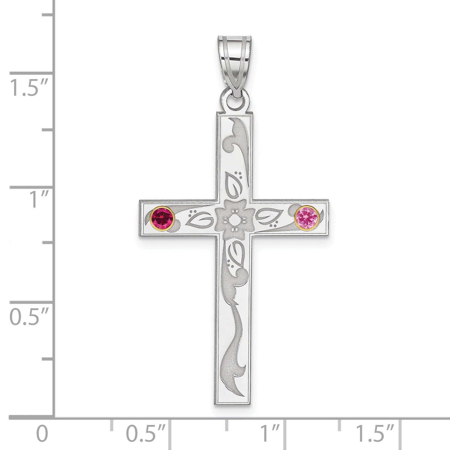 Sterling Silver Rh-plt/14k Bezel Crystal Family Cross Pendant