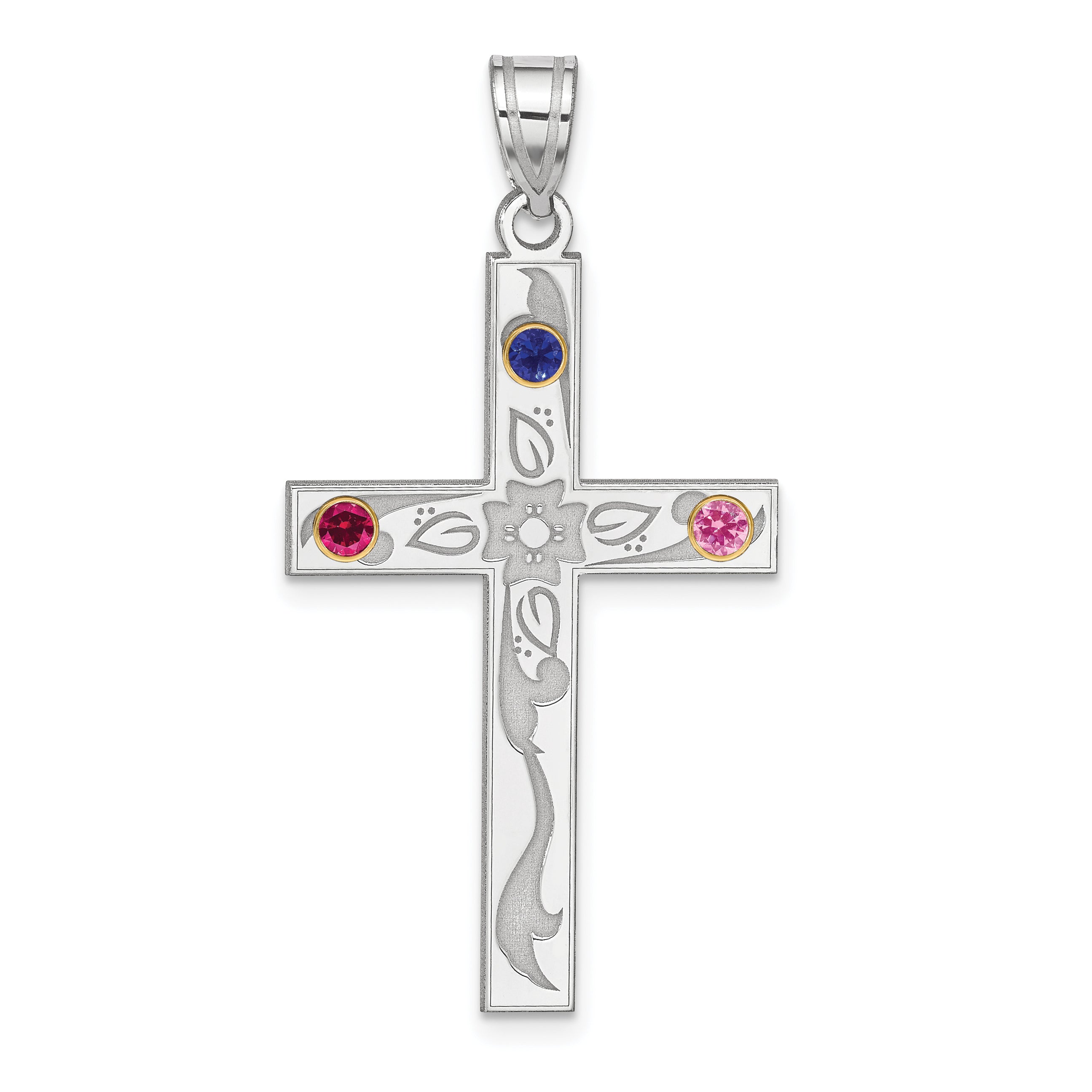 Sterling Silver Rh-plt/14k Bezel Crystal Family Cross Pendant Main image
