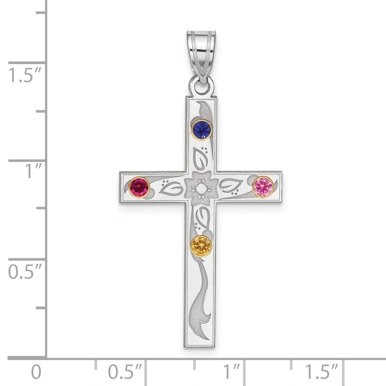 Sterling Silver Rh-plt/14k Bezel Crystal Family Cross Pendant Secondary image