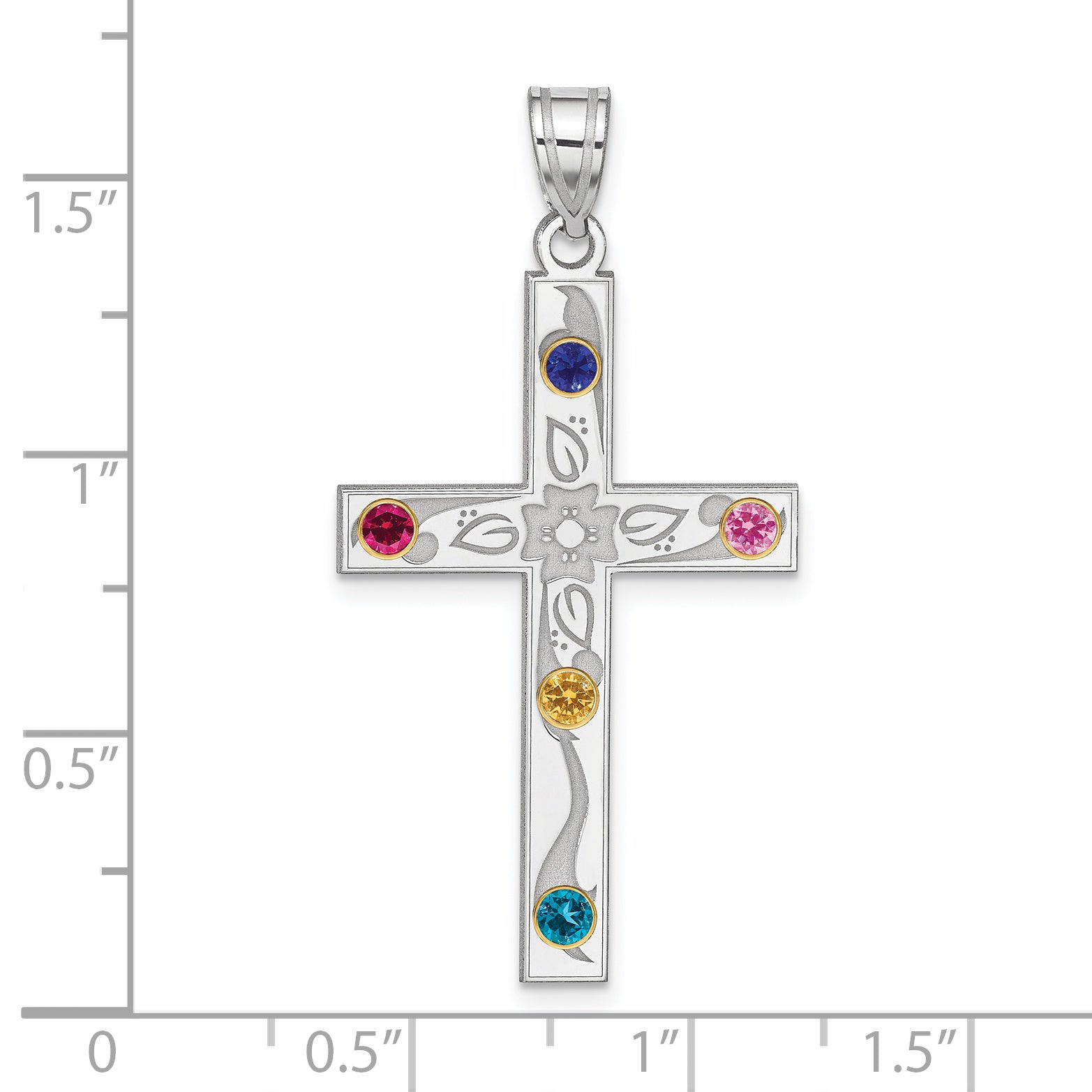 Sterling Silver Rh-plt/14k Bezel Crystal Family Cross Pendant Secondary image