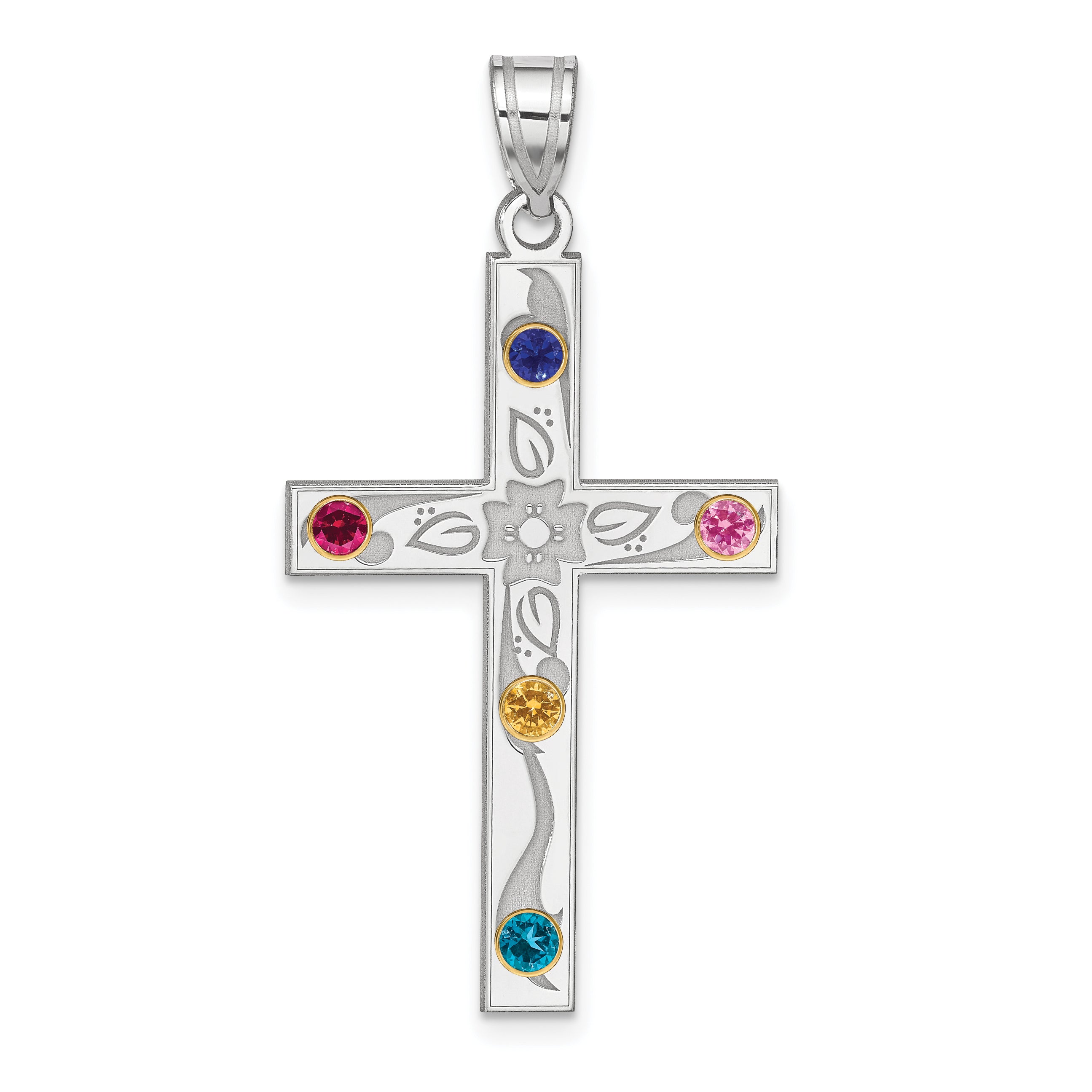 Sterling Silver Rh-plt/14k Bezel Crystal Family Cross Pendant Main image