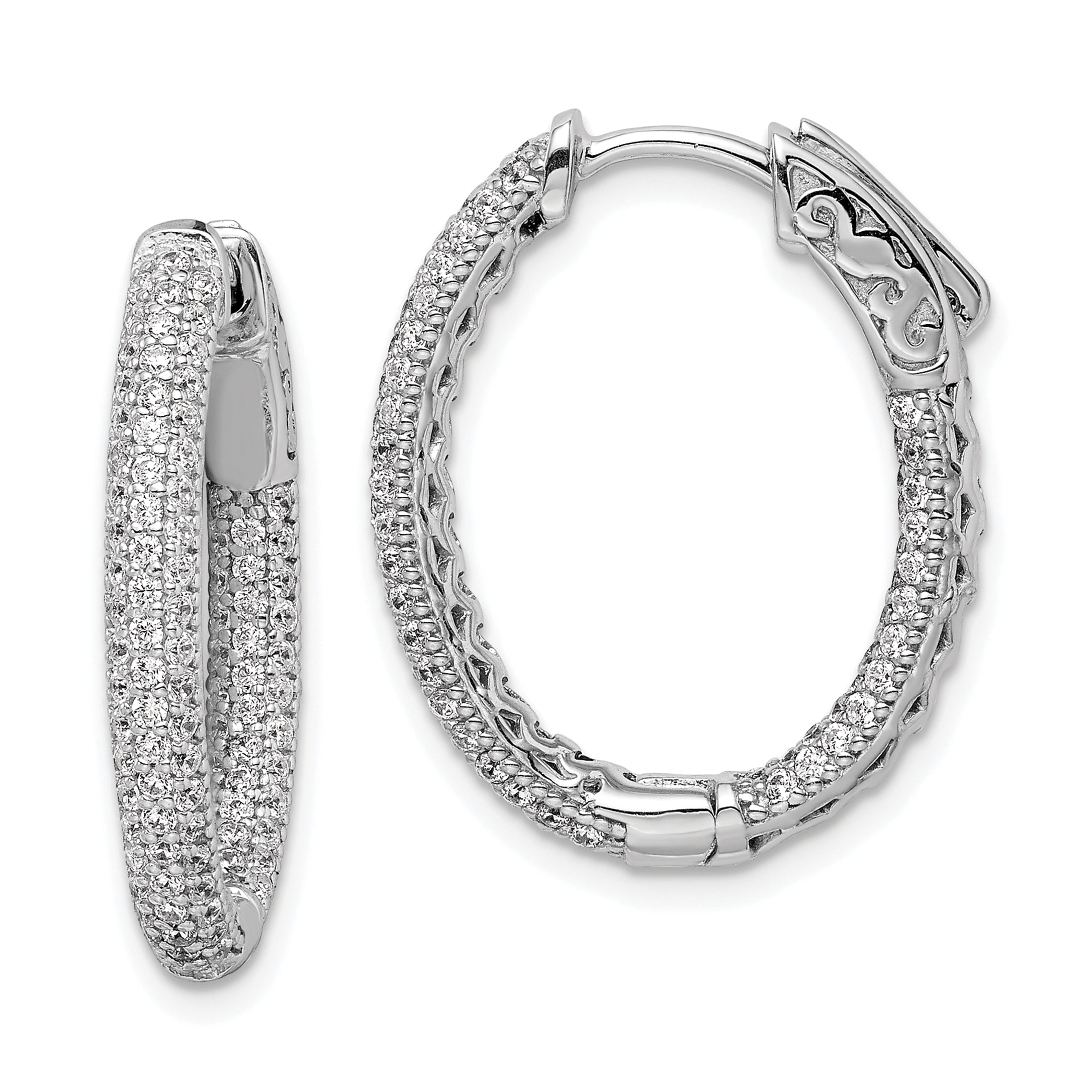 Sterling Shimmer Sterling Silver Rhodium-plated 200 Stone Pav‚ 1.1mm CZ In and Out Oval Hinged Hoop Earrings Main image