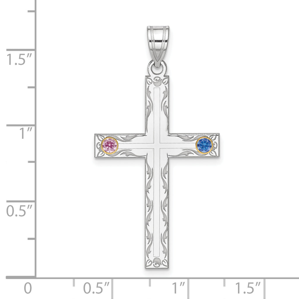 Sterling Silver Rh-plt/14k Bezel Crystal Family Cross Pendant