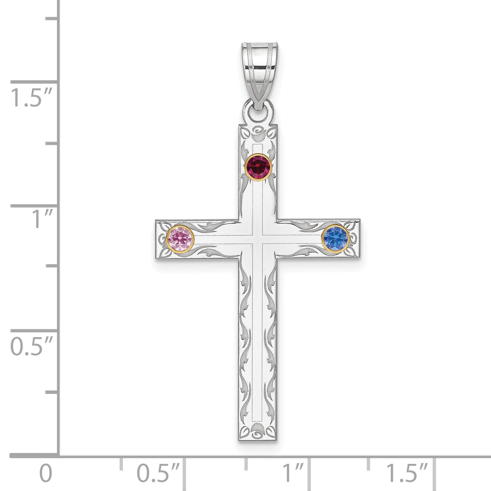 Sterling Silver Rh-plt/14k Bezel Crystal Family Cross Pendant Secondary image