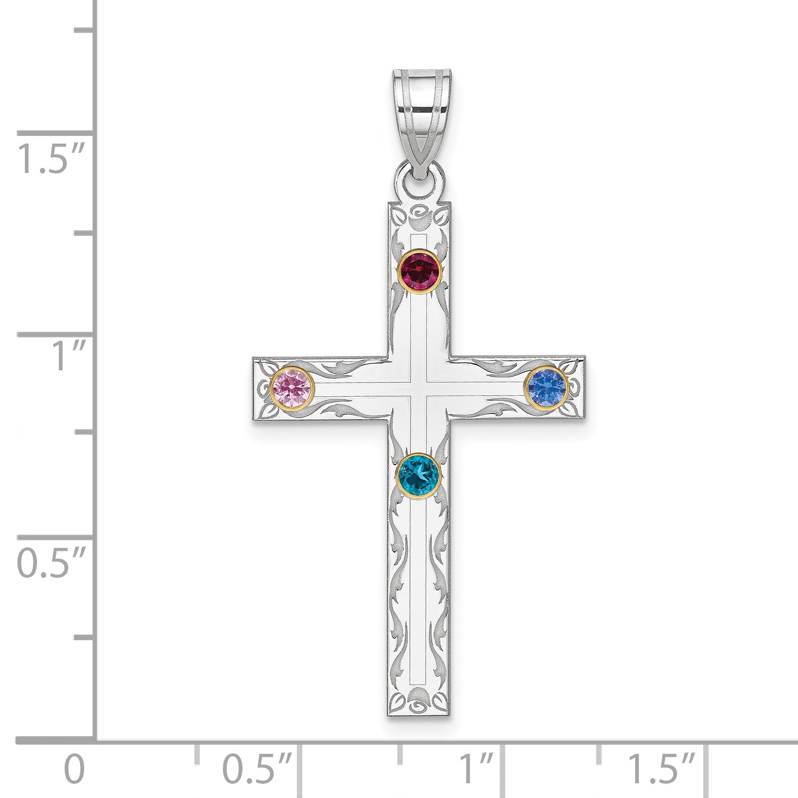 Sterling Silver Rh-plt/14k Bezel Crystal Family Cross Pendant Secondary image