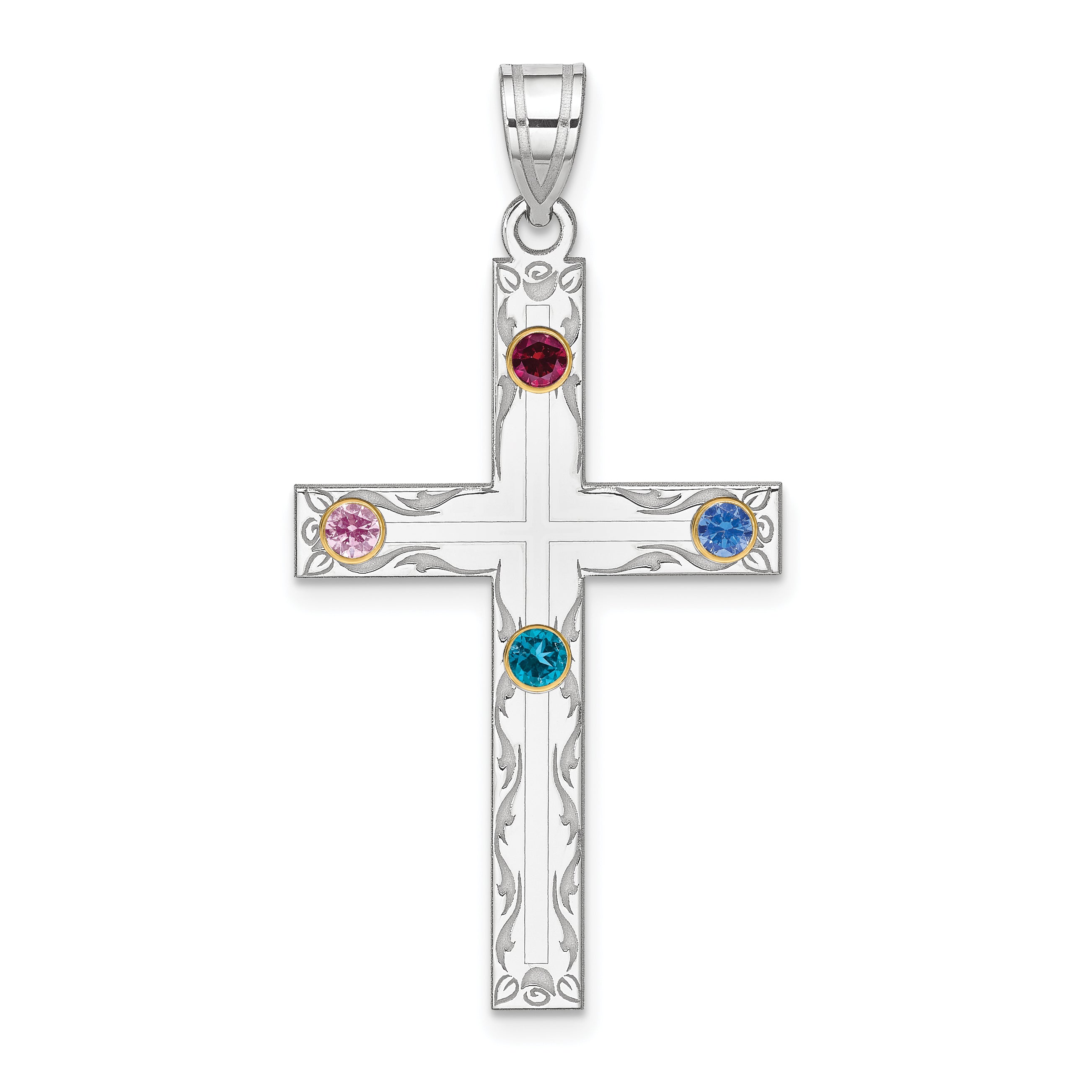 Sterling Silver Rh-plt/14k Bezel Crystal Family Cross Pendant Main image