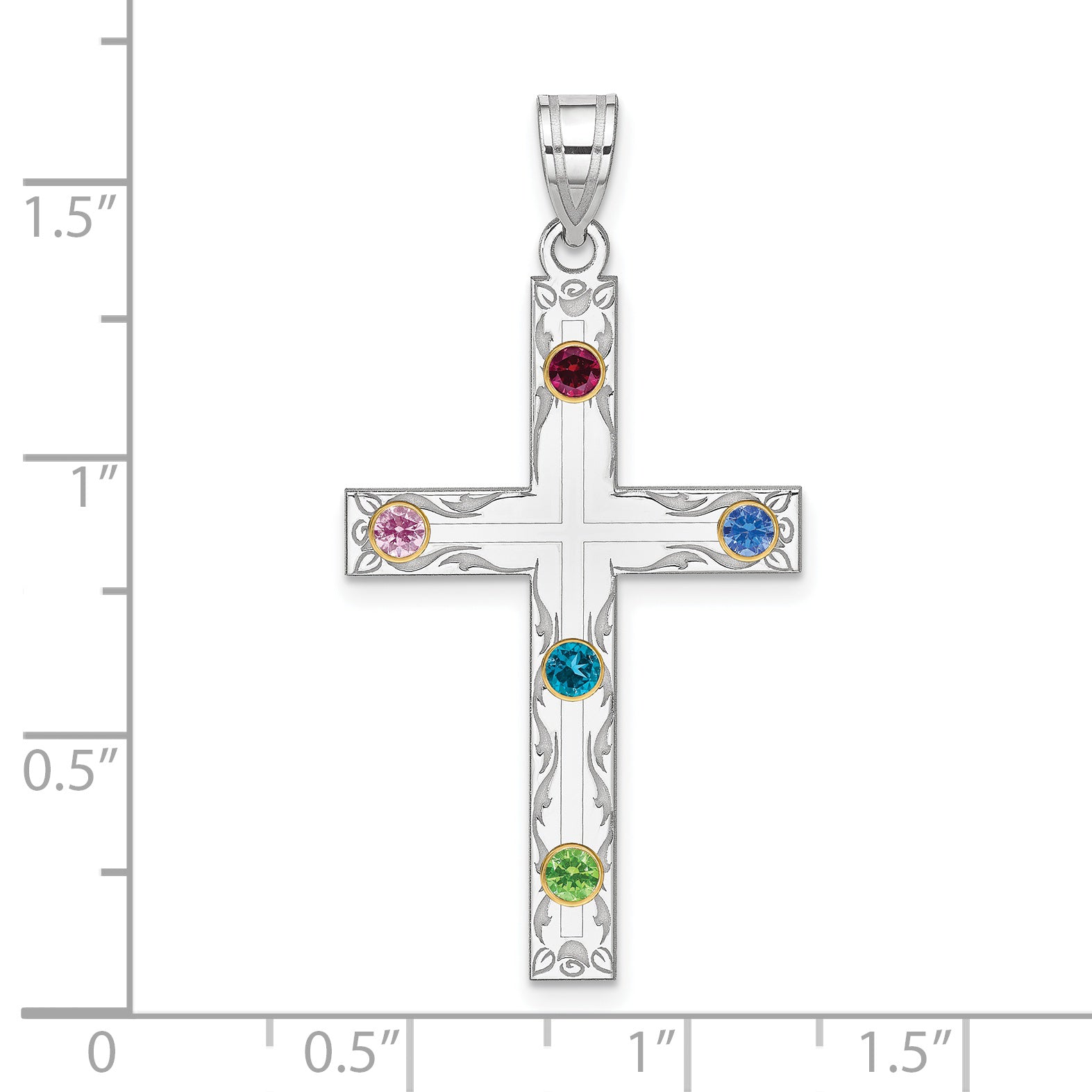 Sterling Silver Rh-plt/14k Bezel Crystal Family Cross Pendant Secondary image