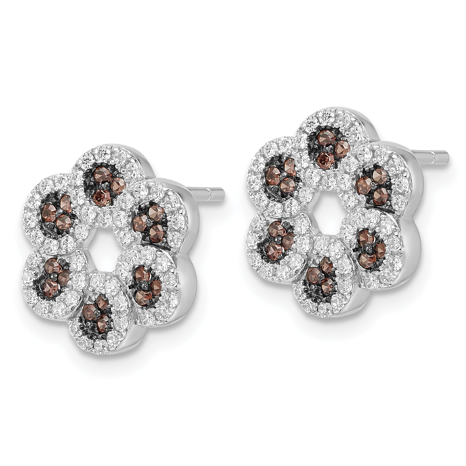 Sterling Silver CZ Flower Earrings with Polished Rhodium Finish Secondary image