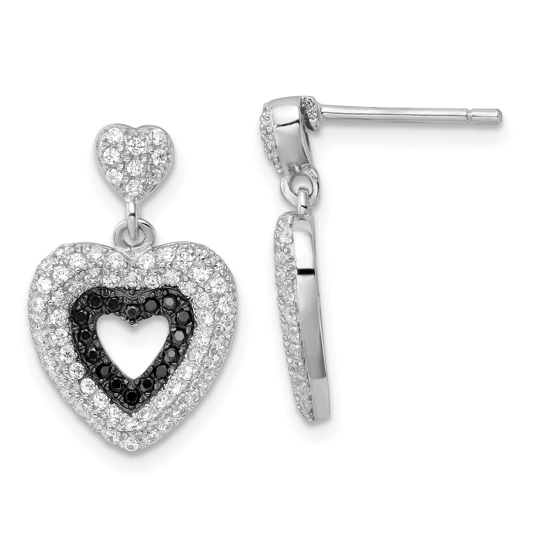 Sterling Silver Black & Clear CZ True Fire Heart Dangle Post Earrings Main image