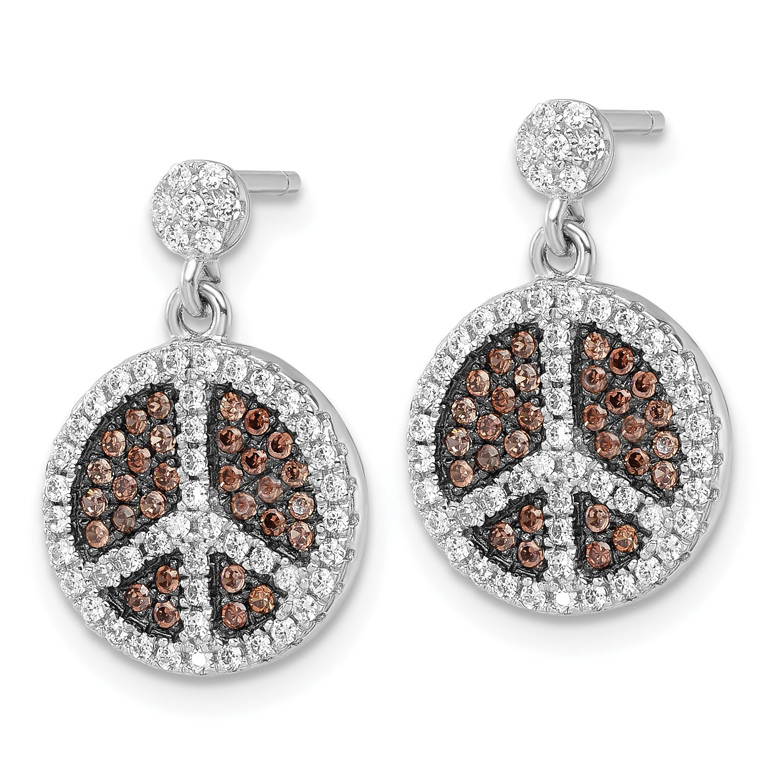 Sterling Silver Brown & Clear CZ True Fire Peace Sign Dangle Earrings